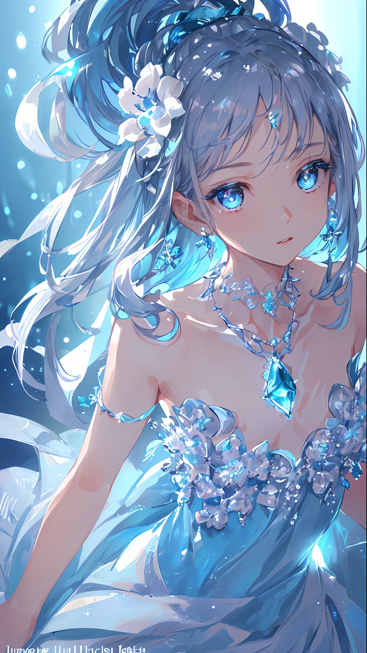 masterpiece, best quality, illustration, sax blue, platinum earrings, platinum necklace, white dress, 1girl, cute, (dynamic lighting:1.2), cinematic lighting, delicate facial features, detailed eyes, sharp pupils, realistic pupils, depth of field, bokeh, sharp focus, (hyper-detailed, bloom, glow:1.4), many small gems