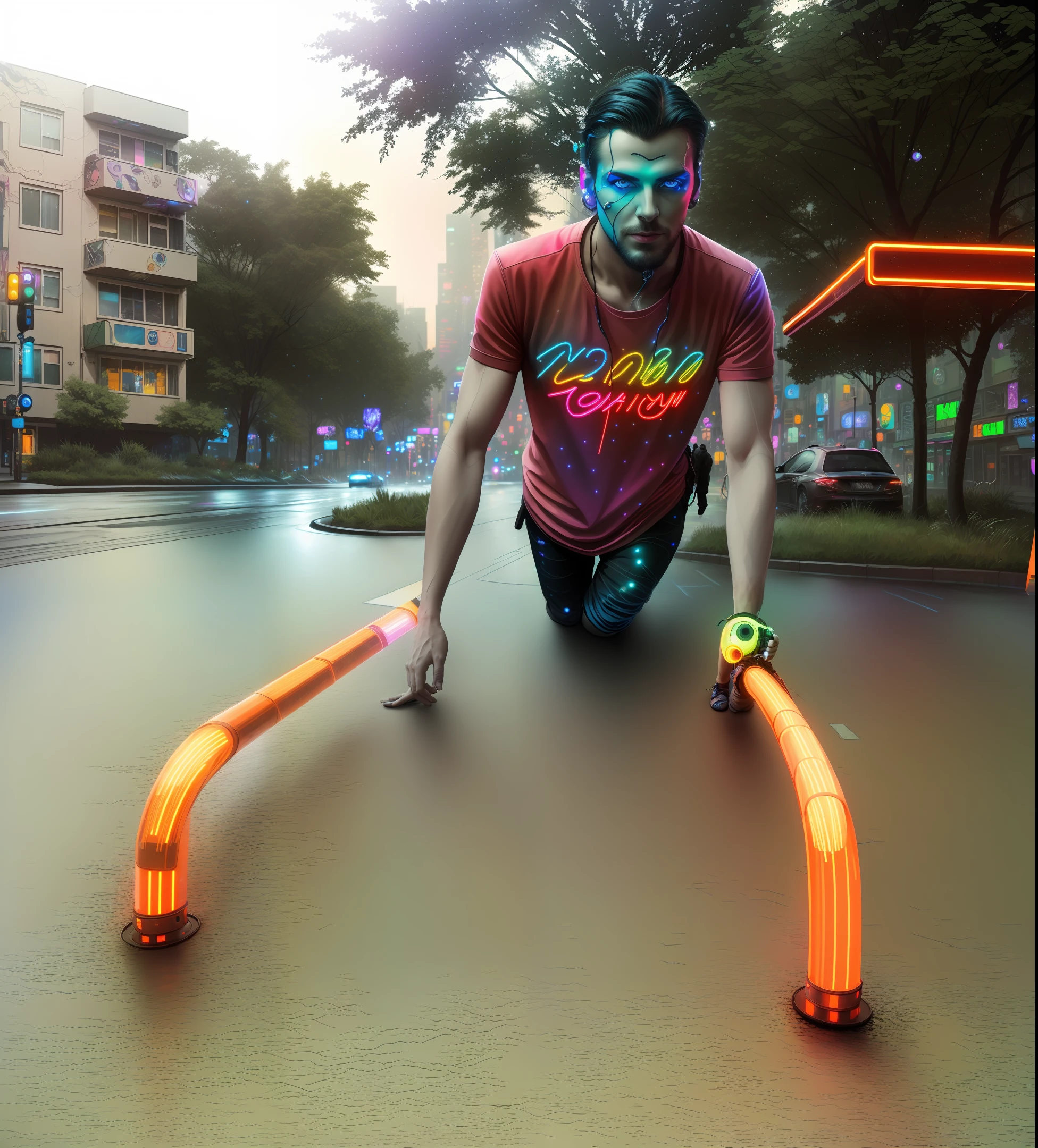 An award winning master piece photo of a cyborg man with psychedelic colors standing in a city street at night in the rain, 8k, (high quality:1.1), (cinematic feeling:1.1), dark deep shadows, incredibly intricate detailing, art , (up close:1.1), from above, looking at viewer,  (chromatic aberration,:1.2) background with floating light artifacts , neon-colored glowing background, cyberpunk city, neon , clear blue night sky, trees with neons in the background, lean muscular man flexing, keep facial features.