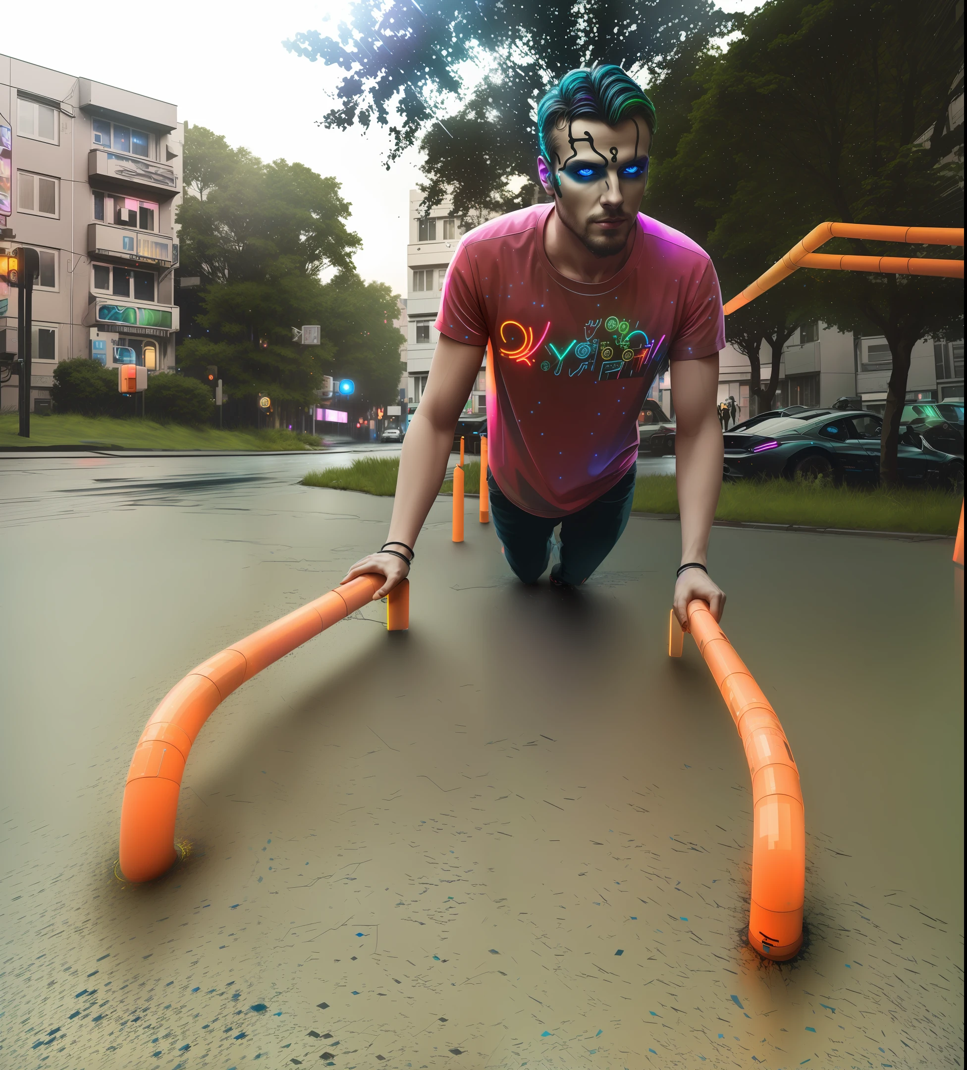 An award winning master piece photo of a cyborg man with psychedelic colors standing in a city street at night in the rain, 8k, (high quality:1.1), (cinematic feeling:1.1), dark deep shadows, incredibly intricate detailing, art , (up close:1.1), from above, looking at viewer, (chromatic aberration,:1.2) background with floating light artifacts , neon-colored glowing background, cyberpunk city, neon , clear blue night sky, trees with neons in the background, lean muscular man flexing, keep facial features.