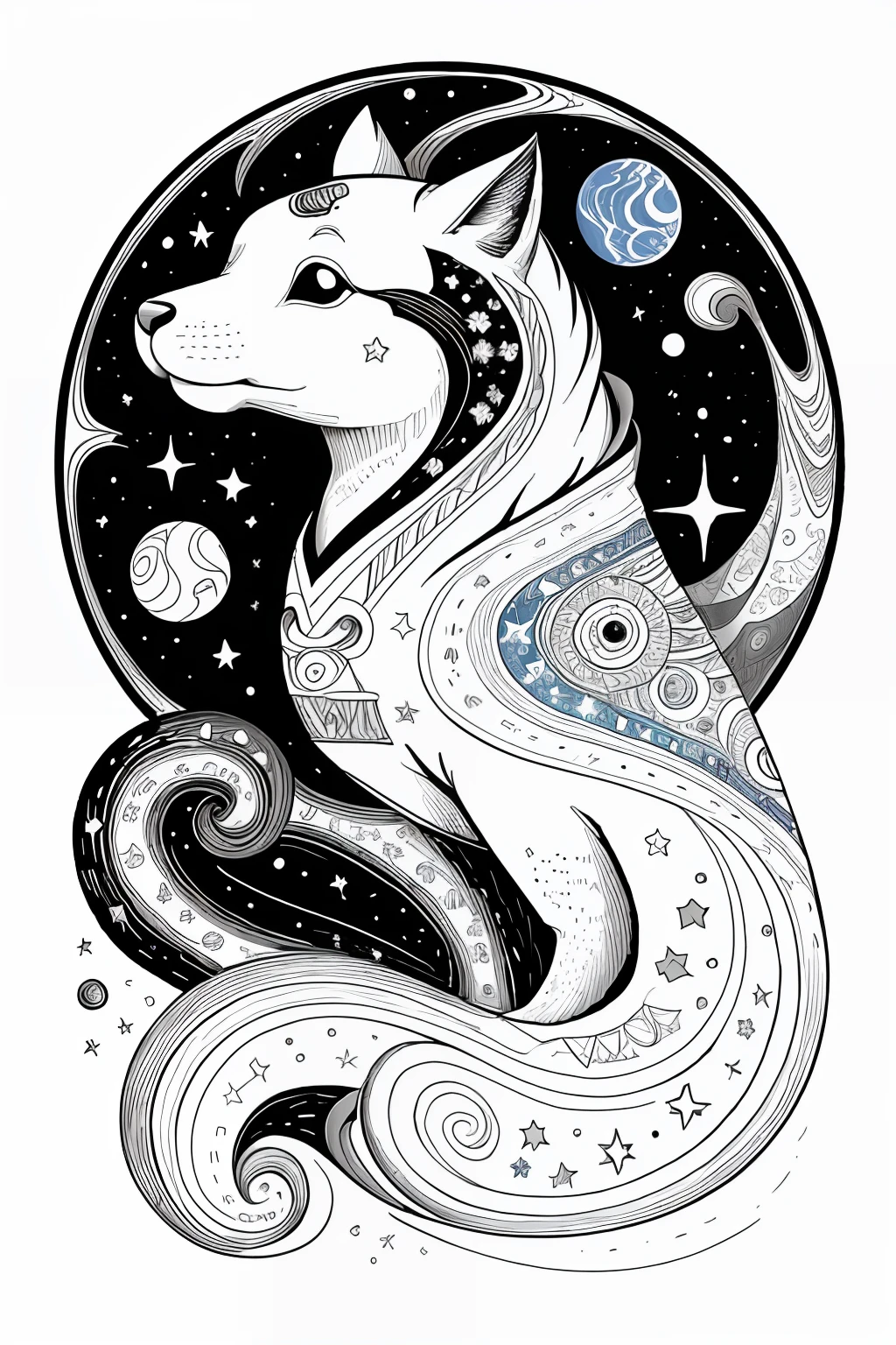 (Draw a) hand-drawn style T-shirt design graphic featuring a group of whimsical astrological symbols set against a cosmic, starry background. (Use) vector contour lines to add detail and depth to the design. (Ensure a clean) white background. (Result should be a) Cosmic and dreamy t-shirt design suitable for any season.