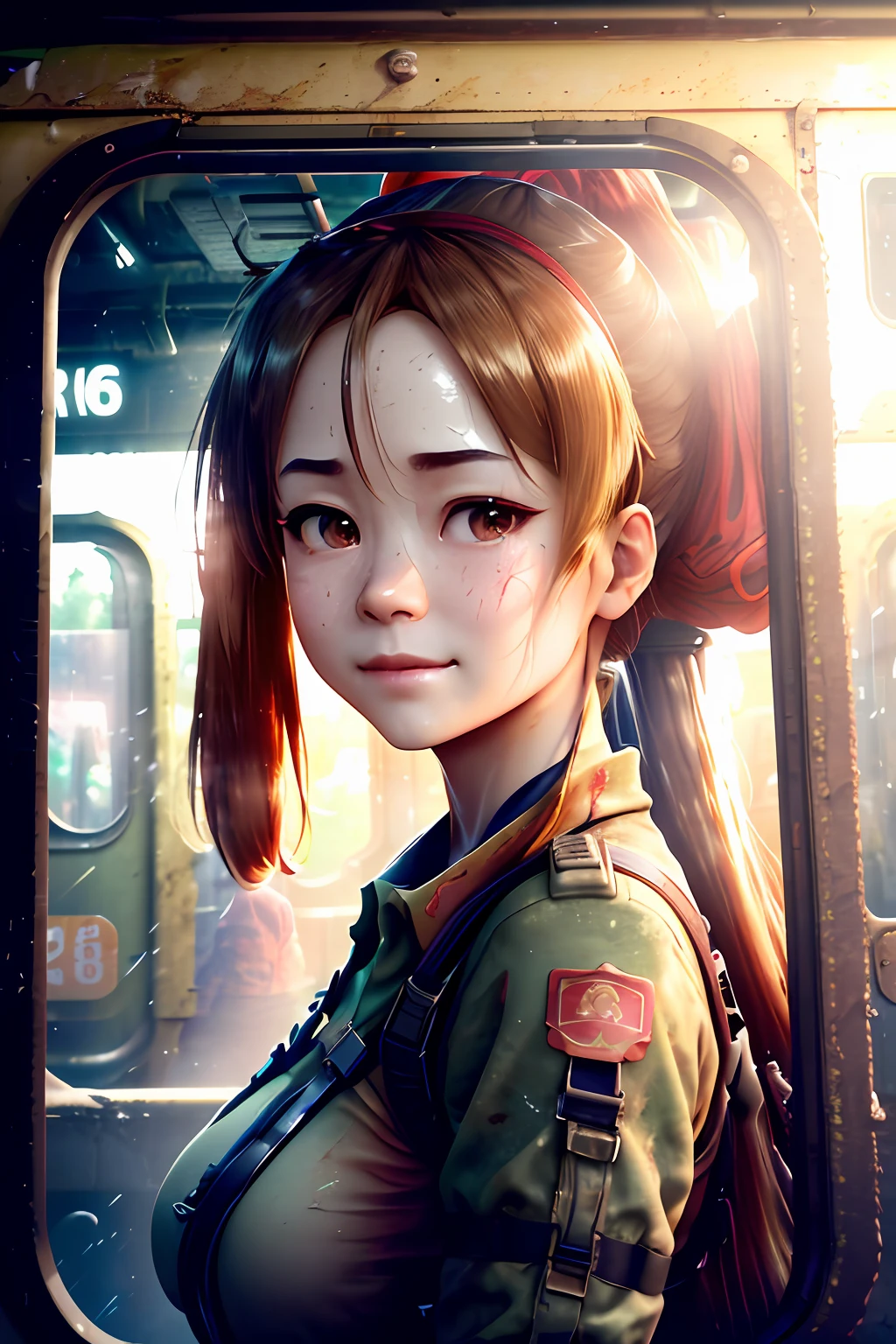 3d render of a subway train, abandoned, dramatic color grade, moss, abandoned, broken, old, accurate color grading, rvb, Sony A7 III, Sigma Art 85 mm f/1,4 DG HSM, perfect, Subsurface scattering, Unreal Engine, dusty sunlight, dystopian world, a beautiful Chinese girl in transparent black military uniform, flowing long ponytail, exquisite face, wearing Red Guard armbands, close shot, wide angle, upper body, portrait, Liu Yifei