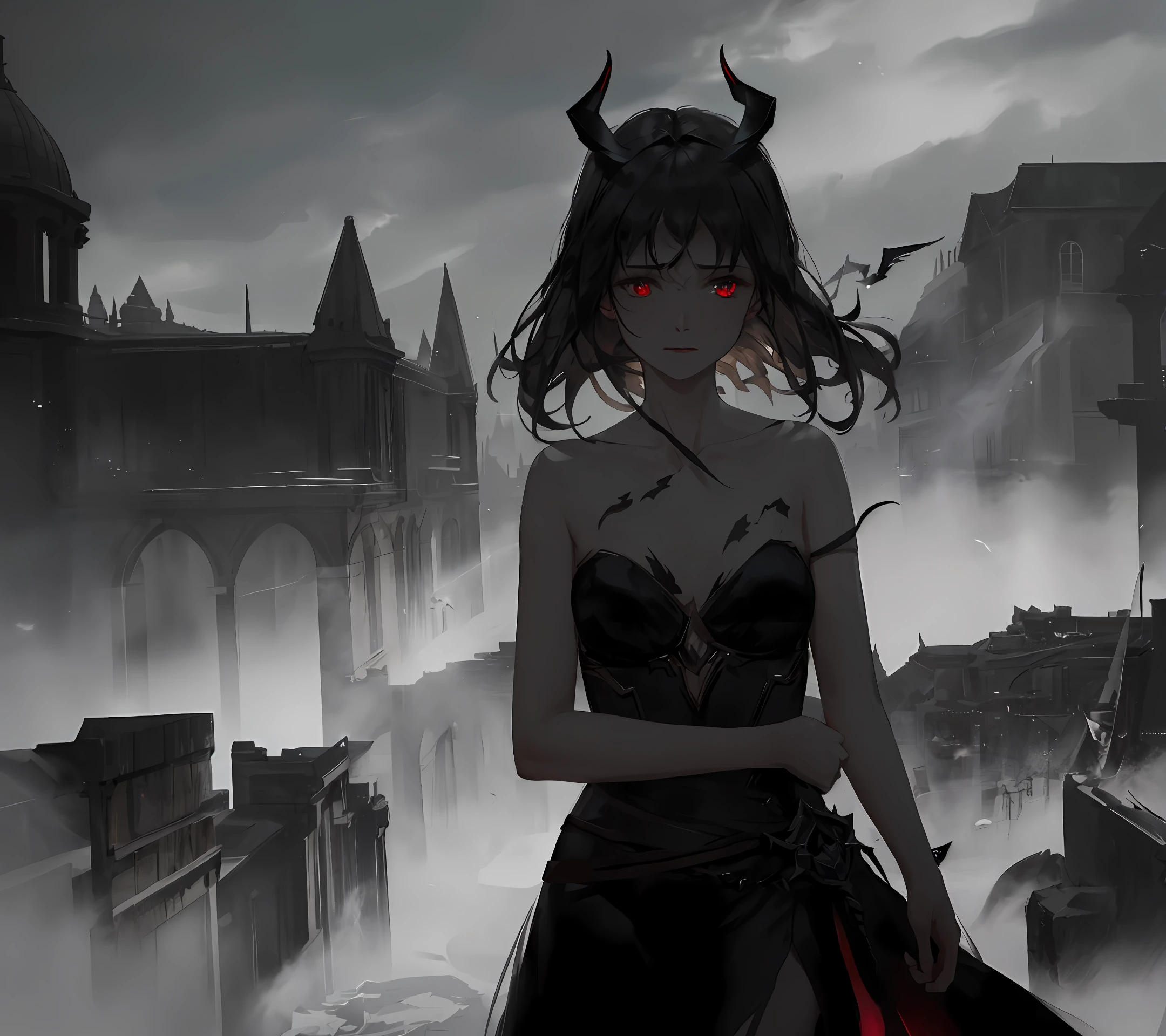 [hyper realistic:(unreal engine):realistic:,0.5,0.99:bezier], petite 1girl,(beautiful delicate face), (mist), stream of (dark magic:1.2), evil mage, (demonic), wings, horns, oiled skin, red eyes, upper body, looking at viewer, puffy disheveled hair, tattered clothes,dark shadows,  (volumetric lighting), atmospheric perspective, dust particles, light shaft,(e_foxy:0.7), m_wlop, (e_landscape:0.7)