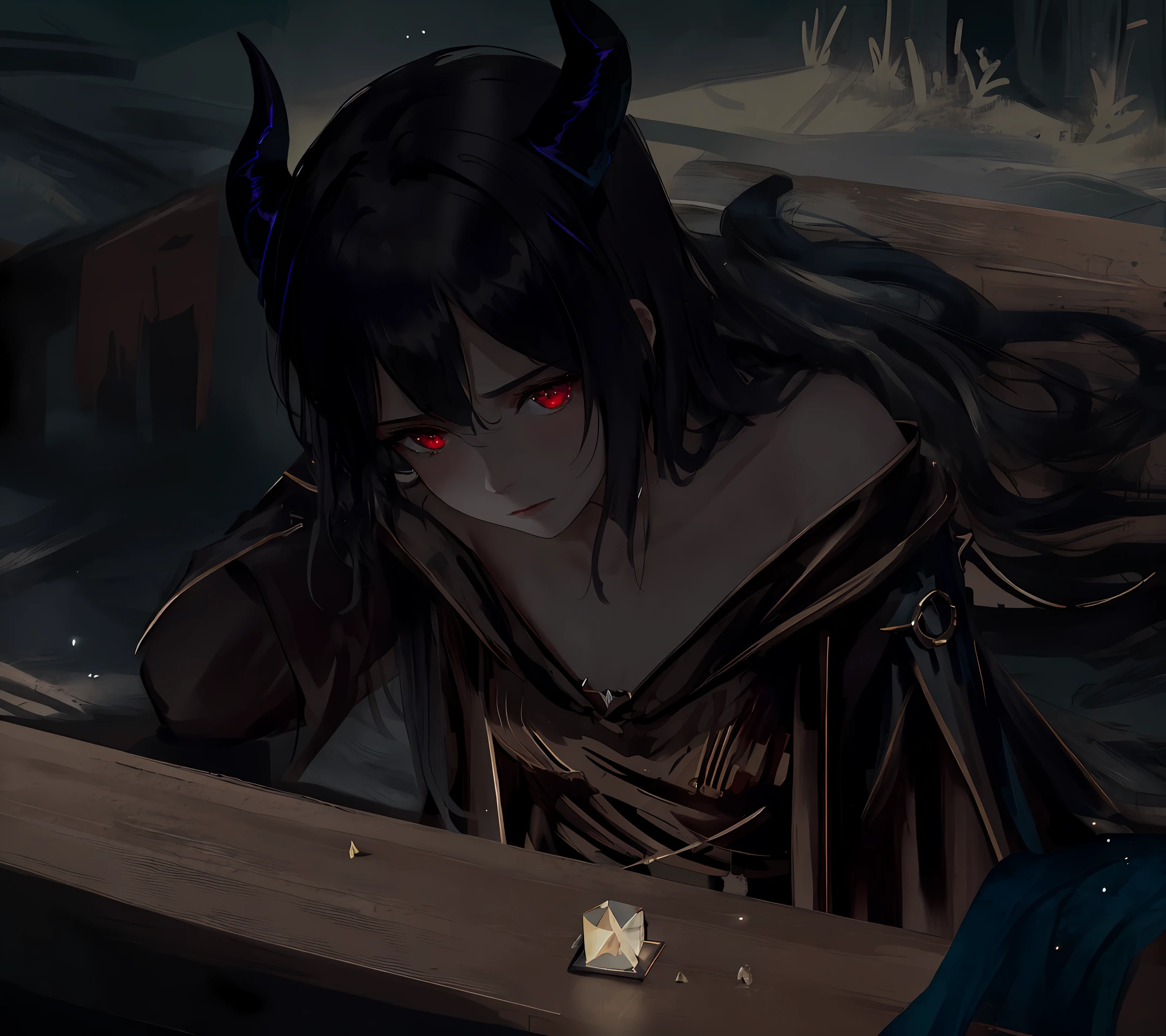 [hyper realistic:(unreal engine):realistic:,0.5,0.99:bezier], petite 1girl,(beautiful delicate face), (mist), stream of (dark magic:1.2), evil mage, (demonic), wings, horns, oiled skin, red eyes, upper body, looking at viewer, puffy disheveled hair, tattered clothes,dark shadows,  (volumetric lighting), atmospheric perspective, dust particles, light shaft,(e_foxy:0.7), m_wlop, (e_landscape:0.7)
