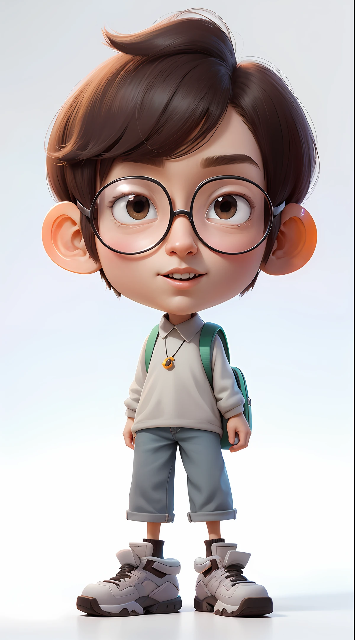 cartoon boy with glasses and backpack standing in front of a white background, animation character, 3d character, 3 d character, arnold maya render, close up character, 3 d character render, cute cartoon character, toon render keyshot, pixar renderman render, highly detailed character, stylized character, cartoon character, cute 3 d render, maxwell render，middle parted hairstyle, pixar style,