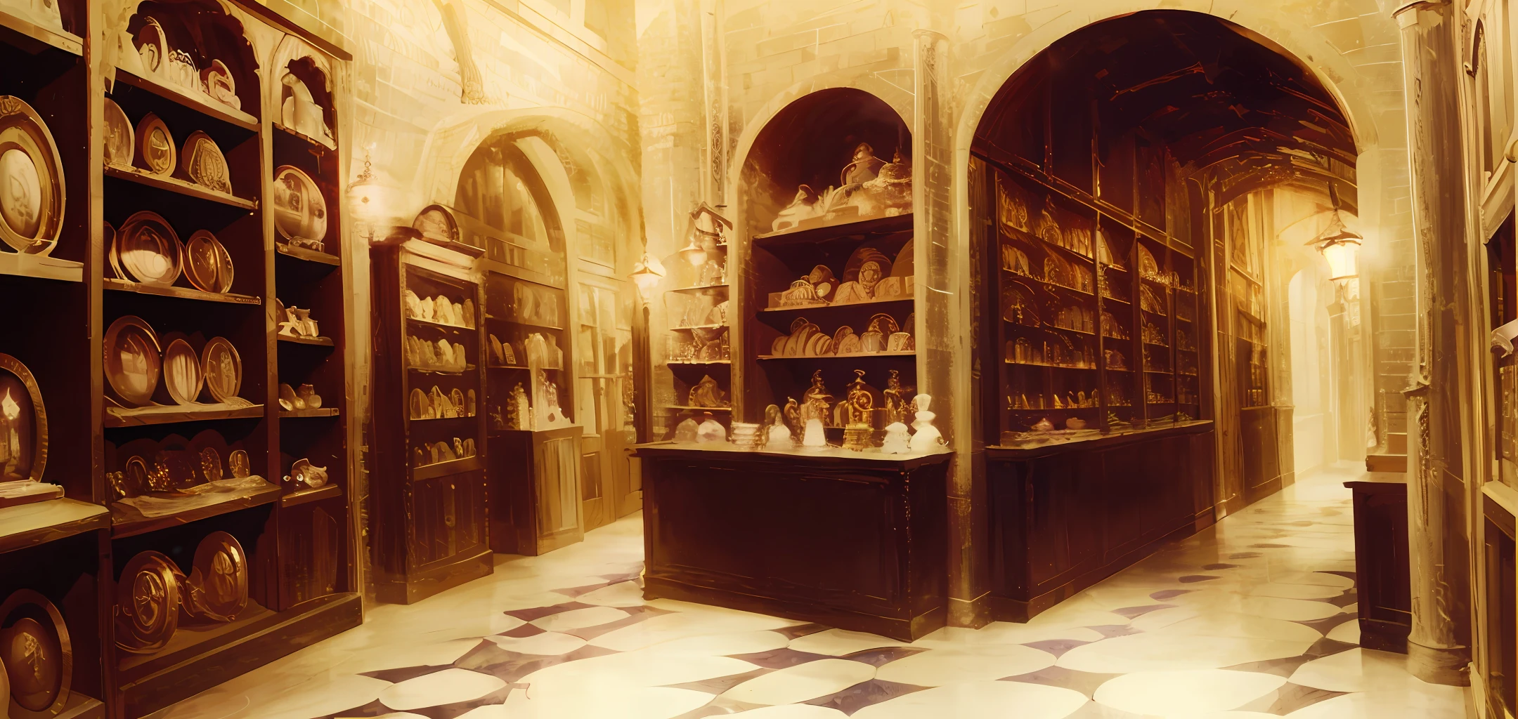 in fornt of a showcase in the historical setting magic store, front view, harry potter, DIAGON ALLEY, textured, maximum detail, peltate plate, no people, Highest quality, masterpiece, magic potion, Mythological creatures