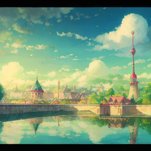Generate a background with a carousel with a Ferris wheel and a merry-go-round car, anime background art, fairy tale style background, park background, fantasy illustration, fantasy scene, anime background, colorful animation movie background, magic dreamy atmosphere, carnival background, Dreamy atmosphere, magical fairy background, detailed landscape — width 672, !dream concept art, blurred and dreamy illustration