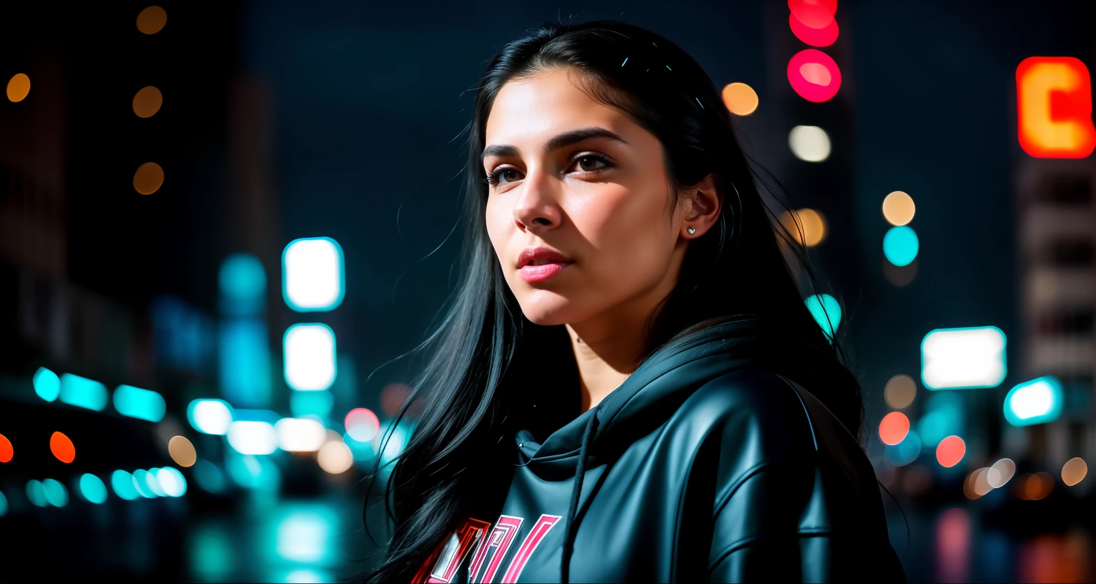 RAW Photo, ((one beauty 30-years-tail-femalel)), full growth, black hair, long hairstyle, blue sweatshirt, black jeans, look at the camera, middle distance, night in megalopolis, lights,  center of New-York city, heavy rain, focus face, ((neon lights)), (Hyperrealist), (best quality) (detailed skin) (intricate details) (8k) (HDR) (cinematic lighting)