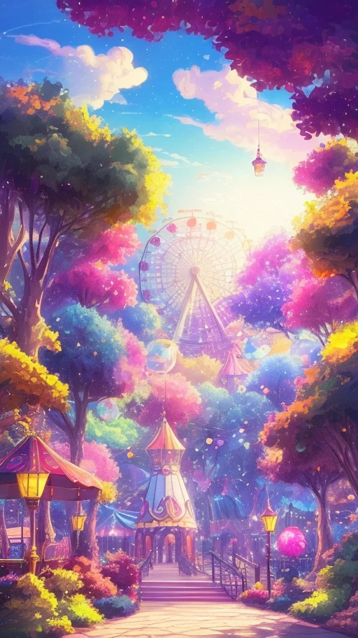 Generate a scene, playground, ferris wheel, bunting, carousel, anime background art, fairy tale style background, park background, fantasy illustration, fantasy scene, anime background, colorful animation background, magic dreamy atmosphere, carnival background, fantasy atmosphere, magical fairy background, !dream concept art, detailed scenery — width 672, background art