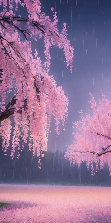 best quality, masterpiece, rainy, willow, peach blossom, dancing petals, high resolution, 8k uhd, high quality, volumetric lighting, high resolution, 4k, 8k, bokeh