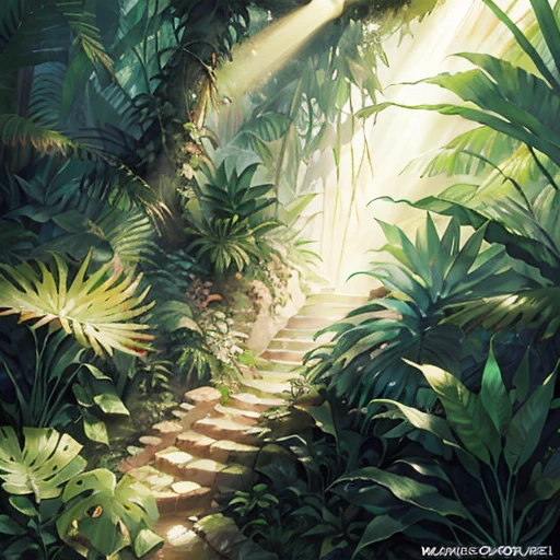 a close up of a stairway in a jungle with sunbeams, art nouveau jungle environment, fantasy jungle, magical jungle, mysterious jungle painting, jungle environment, magical environment, beautiful jungle, in a tropical forest, in a highly detailed jungle, tropical forest, anime background art, deep jungle from another world, jungle setting, tropical jungle, anime scenery concept art, 🌺 cgsociety