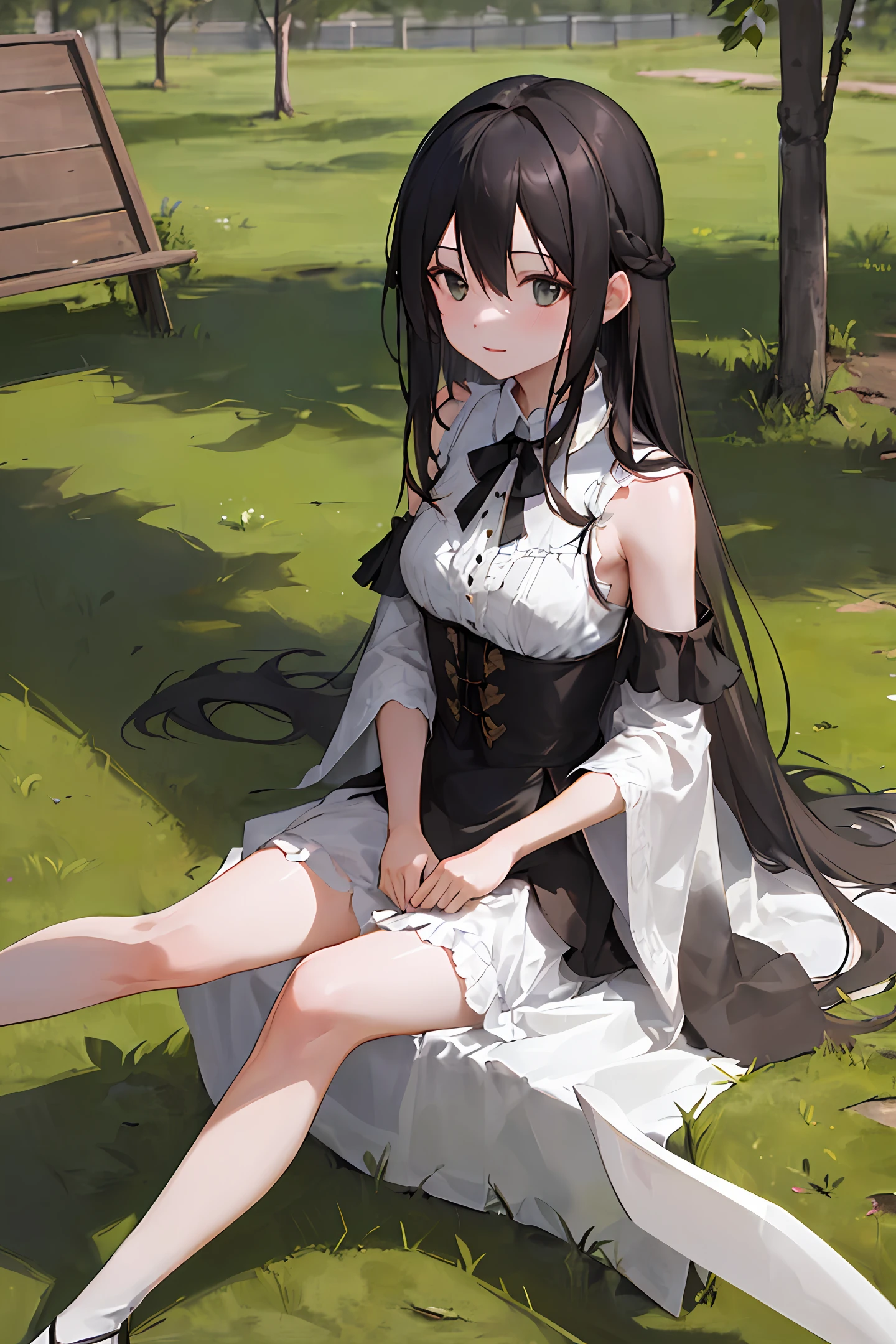 High-definition slender picture quality, delicate and natural light and shadow, vivid depth of field, black-haired and long-haired girl sitting quietly in the green grass, beautiful and dignified, elegant and elegant.