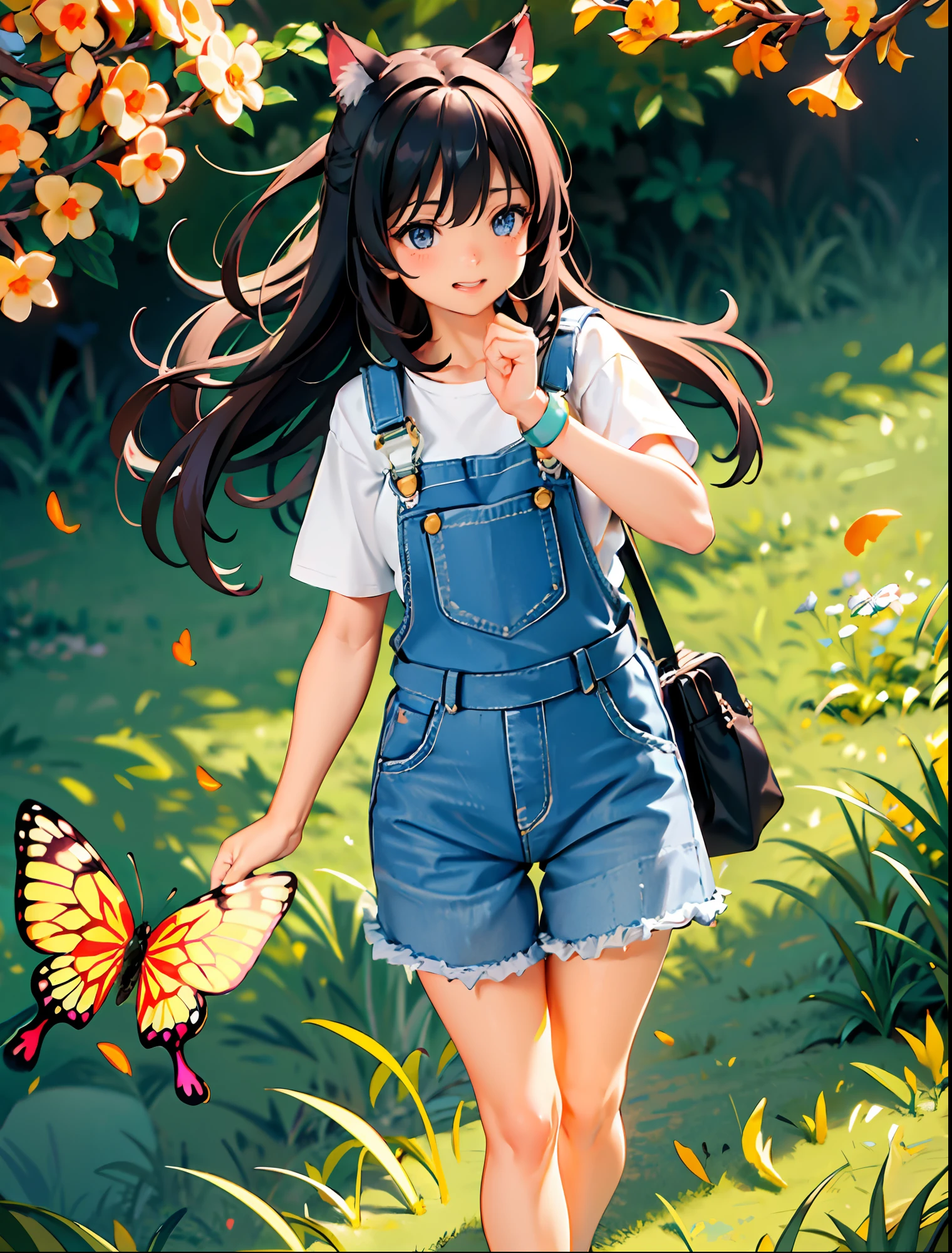(masterpiece:1.5, best quality:1.5), (hyper realistic:1.5), (photo realistic:1.5), (real picture, intricate details), looking at viewer, (8k wallpaper:1.5) (from waist to head):1.15 ), (Facial Detail: 1.5), (Eye Detail: 1.5), (Sharp Photo), High Detail, Super Detail, Super High Resolution, (Strong Depth of Field: 1.5) Style- Cute and Playful Positioning- Open Scene Background-Blue Sky and White Clouds Main body, cat ears, front view Appearance - shoulder length hair, bright eyes, rosy cheeks Costume - pink short sleeves, denim bib shorts, white sneakers, pose - standing with mouth open and grinning, eyes squinted, hands resting Butterfly, detail - white wildflowers and tall grass in the background, butterflies and birds flying around Effect - warm sun shining on the girl, casting a soft glow Description - a cute and innocent girl with cat ears in an open field Enjoy her time surrounded by the beauty of nature. She was wearing a pink sweater and denim overalls, and held a butterfly in her hand. The warm sun shone on her, and wild flowers swayed gently in the breeze. Butterflies and birds flutter around her, adding to the playful atmosphere.