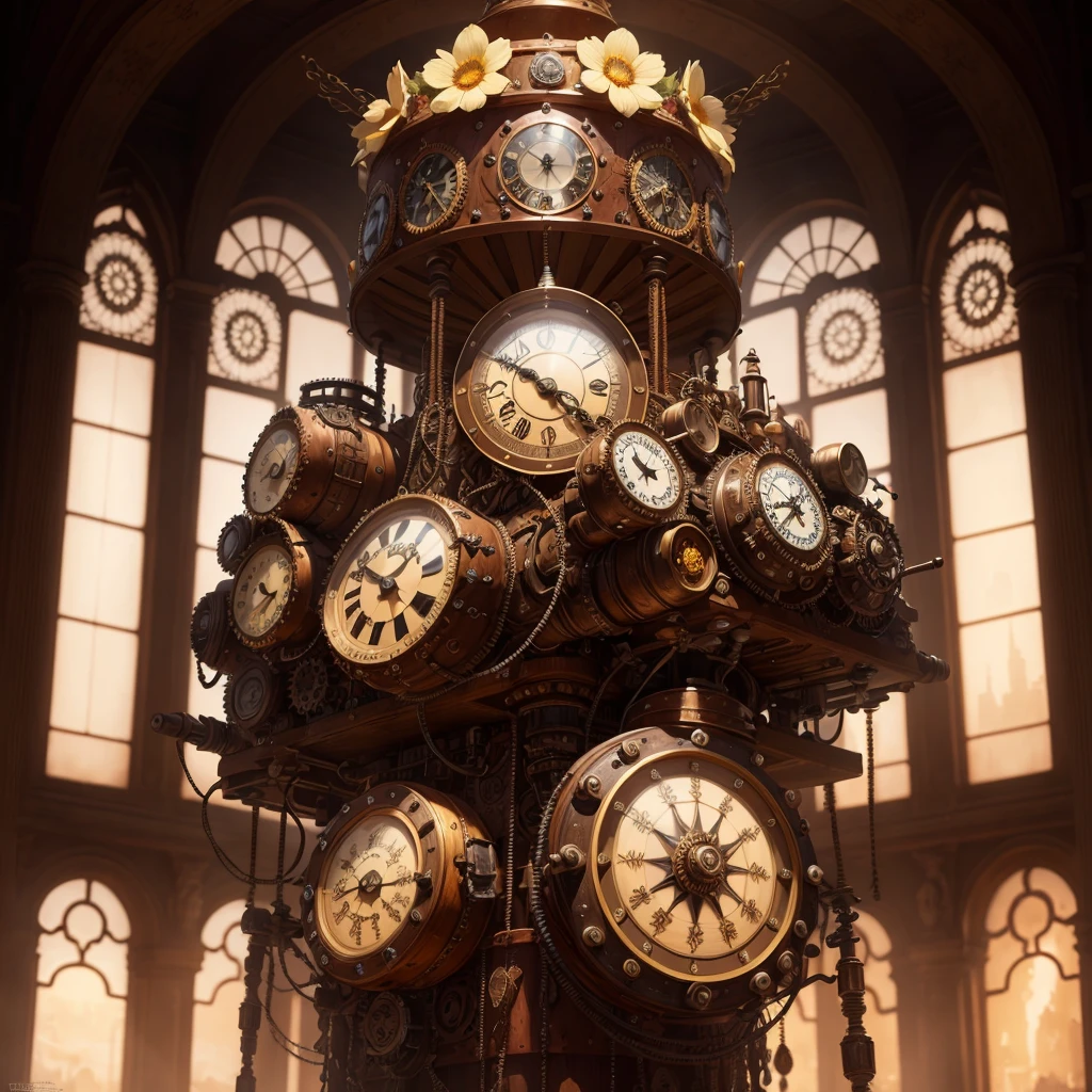 Best quality steampunk flower machine, masterpiece, ultra high res, (photorealistic:1.4), absurdres,cinema lighting, fantasy scifi machine, hyper realistic, steampunk, intricate design, insanely detailed, fine details, SteamPunkAI,