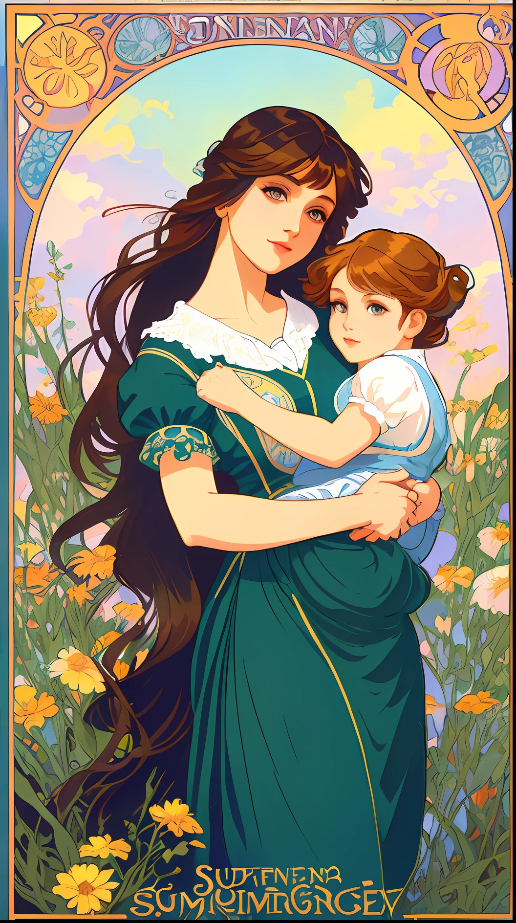 (Poster Design) Sunshine, Warm Colors, Masterpiece, High Quality, High Quality, Highly Detailed CG Unity 8k Wallpaper, Scenic, Award Winning Photography, Bokeh, Depth of Field, HDR, Flowers, Chromatic Aberration, Realistic, Very Detailed, Art Station Trending , CGSociety trending, intricate, high detail, theater, art and travel masterpiece, cartoon image of woman with child in arms. The color is uniform, the tone is uniform, and the overall atmosphere is high-end. Poster art inspired by Alphonse Mucha, pixiv, nouveau, animation Nouveau, mucha style 4K, alphonse mucha style, demura and alphonse mucha style and Pingying Mucha style.