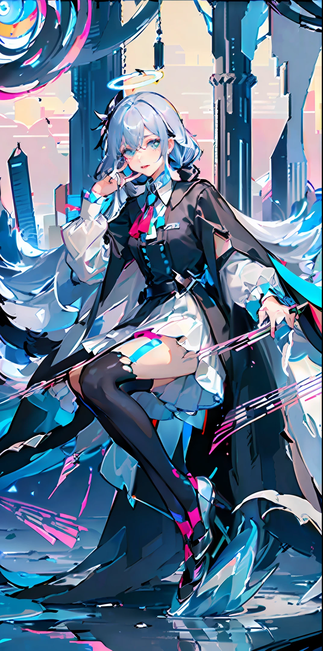 (Highest picture quality),(Master's work),(ultra-detailed),(Detailed eye description:1.0),(lens flare:1.0),(movie poster:1.0),(Tarot border:1.0),the portrait is centered,(close-up:1.0),(nagative space:0.8),(negative space:1.6),(solo),(floating colorful {wind|water magic|ink|crystals|ice|fire|flame|lightning|web|rocks|sand|particles|sparkles|blood}:1.0),(many colorful {soap bubbles|clouds|thorns|spikes|vines|currents|spirals|halos|wings|tatoos|cubes|octahedron}:1.0),(floating {red|green|blue|aqua|purple|yellow|black|white|grey|pink|orange|lime} {ribbons|feathers|particles|blades|droplets|snowflakes|soft balls}:1.0),({crystal|ice|fire|flame|wind|water|earth|stone|space|musical|sonic|vortex} {magic|wings}:1.0), ({ray tracing,glowing|dappled sunlight,light rays,caustics|night,black theme|mysterious,eerie|easygoing,pastel}:1.2), ({colorful|iridescent|multicolored}:1.0),(beautiful detailed glow:1.0),({leaning forward|leaning back|leaning to the side|}:1.2),{(smile:1.0)|(smirk:1.0)|(grim expression:1.0)},({small|small||lips,eyelashes}:1.0),{(open mouth:1.0)|(closed mouth:1.0)|},({eyelashes|eyeshadow||}),{one eye closed|||},({red|green|blue|aqua|purple|yellow|black|white|grey|pink|orange|lime} hair:1.4),({short|long|medium} hair:1.0),({from below|from above|from side|from behind|facing viewer}:1.3),(halo:1.3),(head tilt:1.0),(dynamic pose:1.1),(asymmetrical hair:1.2),({red|green|blue|aqua|purple|yellow|black|white|grey|pink|orange|lime} {armor|dress|collared shirt|suit|outfit}:1.0),({formal|military|techwear|urban style|casual,casual clothes|fantasy,magician|feral,tribal|sci-fi,futuristic}),({plaid skirt|layered skirt|puffy dress|tights|pants|shorts}),({red|green|blue|aqua|purple|yellow|black|white|grey|pink|orange|lime} {eyes|eyes|pupils}:1.4),{(forehead:1.5),asymmetrical bangs|diagonal bangs|hair between eyes|blunt bangs|swept bangs},{one eye covered|ponytail|high twintails|||},{straight hair|wavy hair|drill hair||},{long coat|suit jacket|cloak|sweater|tie||},{(floating cape:1.0),|}({fox ears, fox girl|vampire, bat wings|pointy ears,(elf:0.5)||}:1.1),({abstract background|city,skyscraper|forest,garden|castle|shrine|cave,underground|swamp|lake|winter|alien planet|}:1.4),({indoors,inside|outdoors,outside}:1.1),{2$$witch hat|straw hat|crown|tiara|eyewear|glasses|heargear|hair flower|hairpin|hair bow|||},({sitting|flying|jumping|laying|standing|standing on one leg}:1.1),({colored skin|white skin|blue skin|pale skin|tan|shiny skin|dark skin||}:1.1),({full body|upper body|portrait|}:1.25),{fang, skin fang|tongue|frown|lip biting|thinking|||||}, {empty eyes| symbol-shaped pupils, heart-shaped pupils| slit pupils, + +|||||}