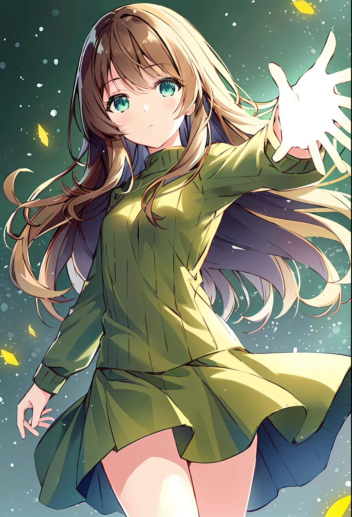 1woman, brown hair, medium length hair, green eyes, multi-colored eyes, expressionless, green sweater, warm tones, blue skirt, white room in the background, yellow light, blurred background, warm tones, fireflies, highlight, masterpiece, best quality, high quality, professional novel illustration, small breasts, small stature, happiness