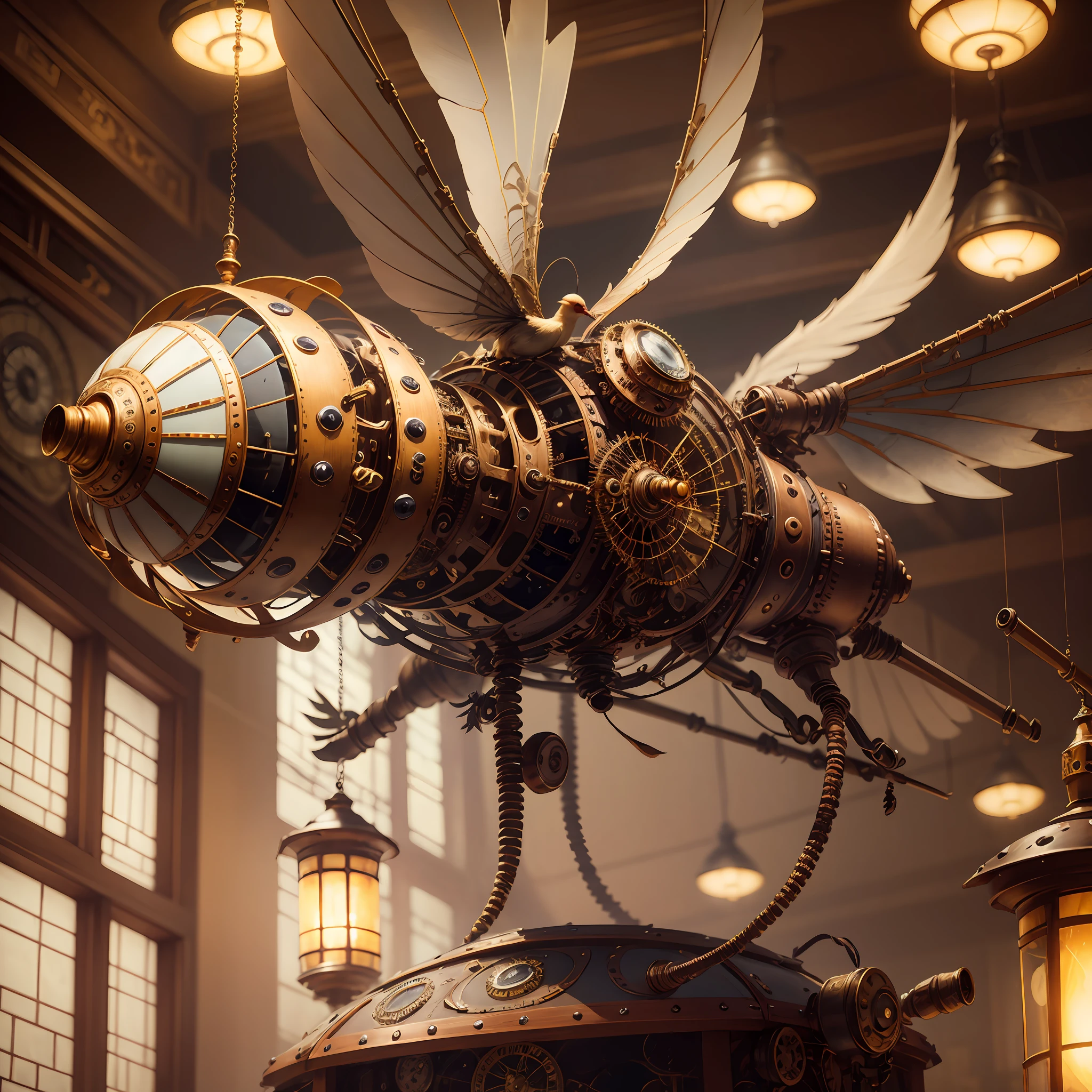 macro shot of best quality steampunk organic bird machine, bug, masterpiece, ultra high res, (photorealistic:1.4), clock,absurdres,cinema lighting, insanely detailed mechanism, fantasy scifi, hyper realistic, steampunk, intricate design, insanely detailed, fine details, SteamPunkAI,