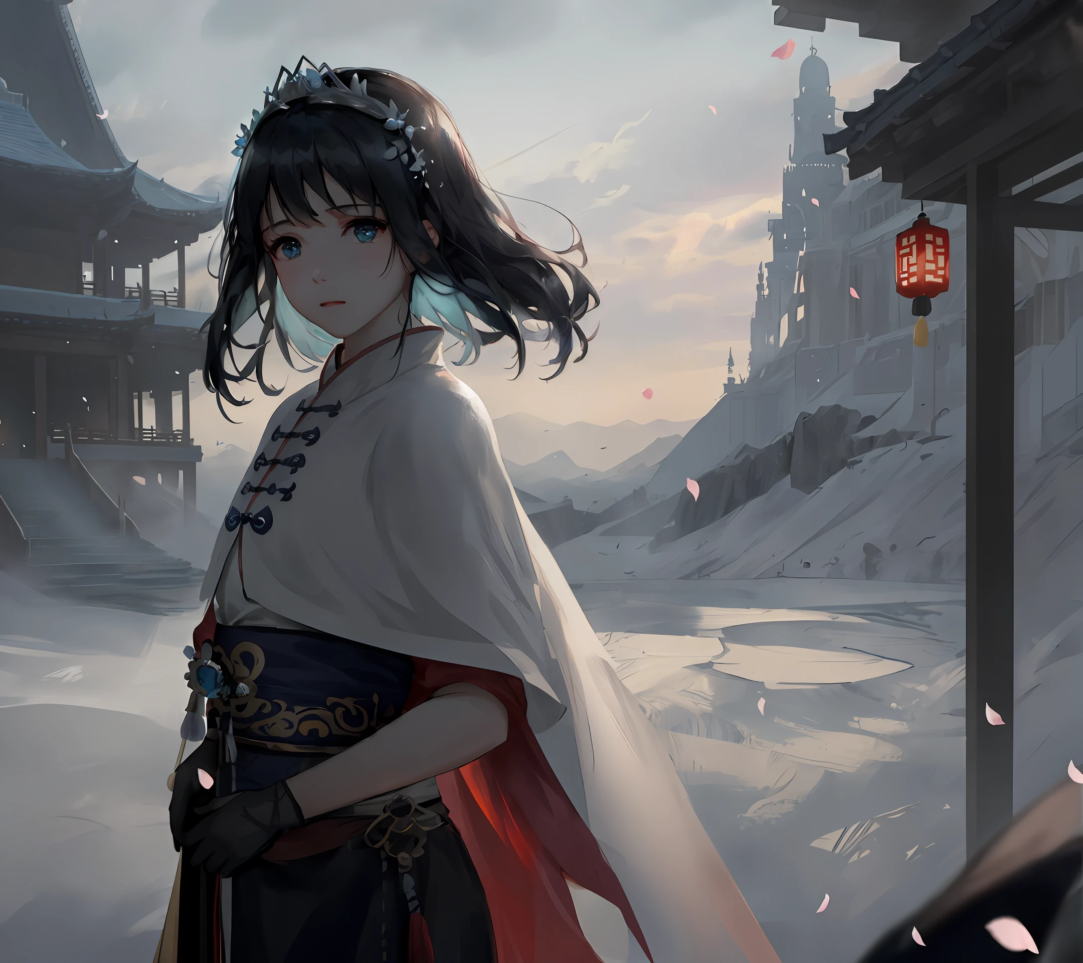[hyper realistic:(unreal engine):realistic:,0.5,0.99:bezier], petite 1girl,(beautiful delicate face),(Sky), clouds (petals: 1.2), ancient chinese princess, (Song Dynasty), cloak, cloak, oiled skin, upper body, looking at viewer, puffy disheveled hair, beautiful dress, (volumetric lighting), atmospheric perspective, dust particles, light shaft,(e_foxy:0.7), m_wlop, (e_landscape:0.7)