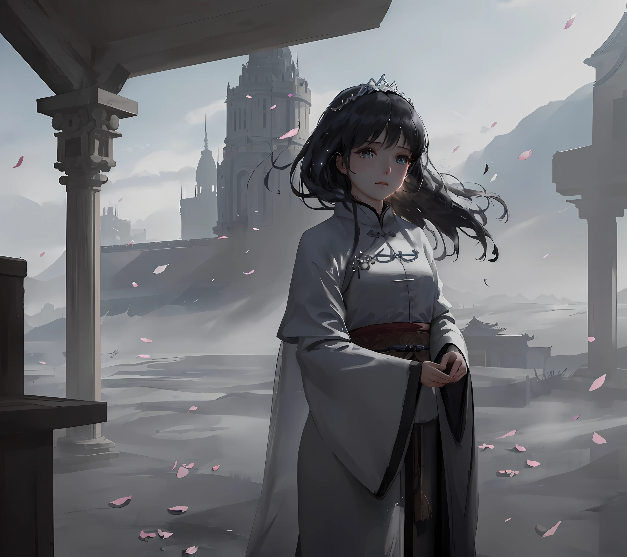 [hyper realistic:(unreal engine):realistic:,0.5,0.99:bezier], petite 1girl,(beautiful delicate face),(Sky), clouds (petals: 1.2), ancient chinese princess, (Song Dynasty), cloak, cloak, oiled skin, upper body, looking at viewer, Hairpins, twisted hair, beautiful dress, (volumetric lighting), atmospheric perspective, dust particles, light shaft,(e_foxy:0.7), m_wlop, (e_landscape:0.7)