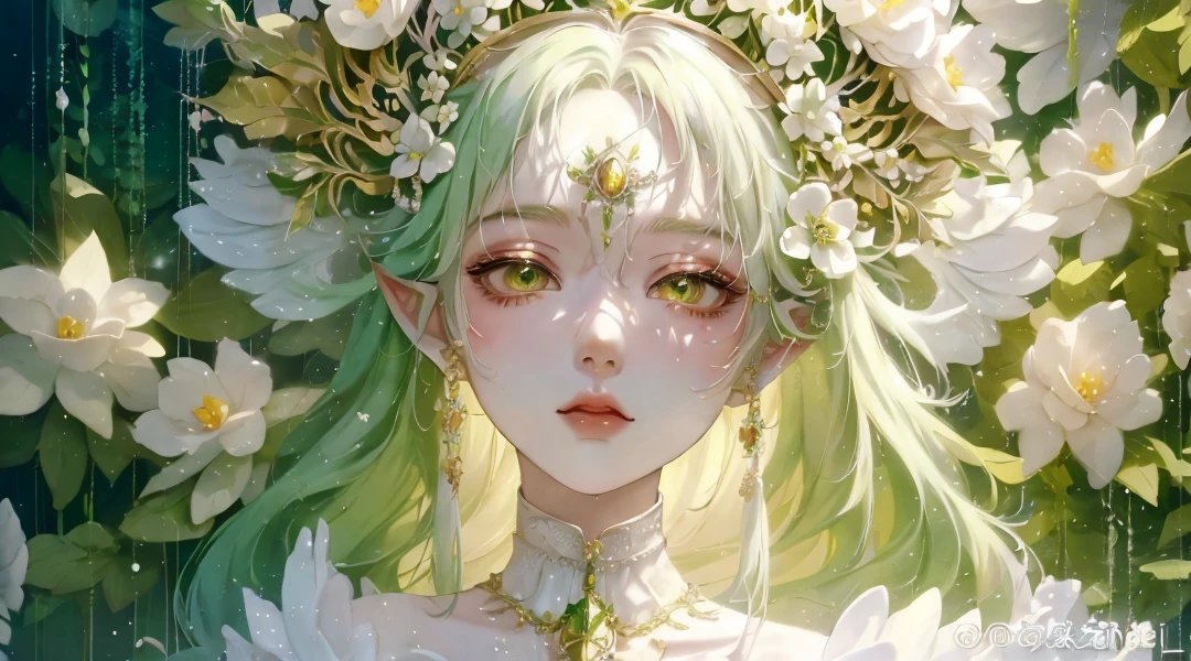 anime girl with green hair and white flowers in her hair, detailed digital anime art, stunning anime face portrait, ((a beautiful fantasy empress)), beautiful fantasy anime, beautiful anime portrait, anime goddess, detailed portrait of anime girl, anime fantasy illustration, a beautiful fantasy empress, beautiful and elegant elf queen, portrait of an elf queen, 8k high quality detailed art