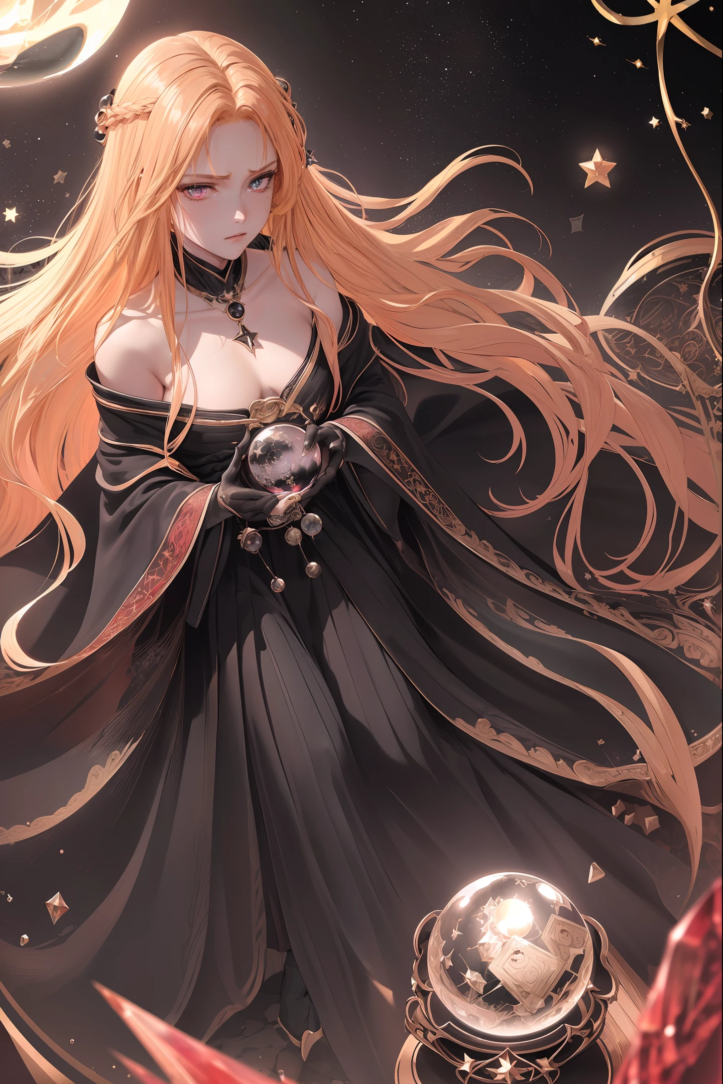 Fine, (best illustration), 8k resolution, intricate details, best quality, realistic, ultra detailed, best lighting, best shadows, ultra hd, ((((beautiful women))), ((age: 1.5)), (glowing red eyes), ((glowing eyes)), ((((long blonde hair: 1.1))), ((black clothes)), (prince\\(indifferent expression\\),, (((Wearing high detail luxurious black robe))), red hair, ((mystery)), crystal ball, fortune teller, tarot, stars, astral light