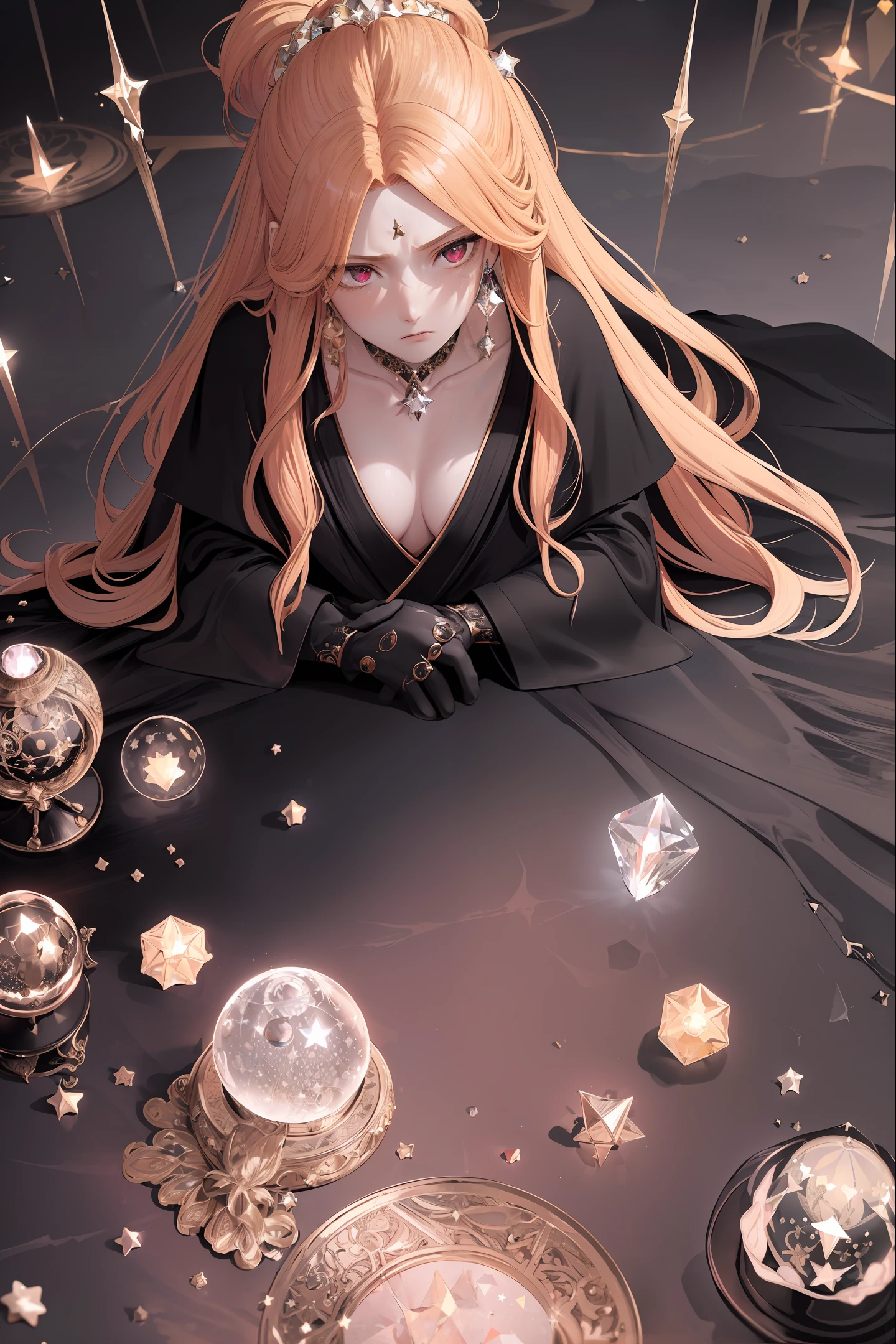 Fine, (best illustration), 8k resolution, intricate details, best quality, realistic, ultra detailed, best lighting, best shadows, ultra hd, ((((beautiful women))), ((teenage: 1.5)), (glowing red eyes), ((glowing eyes)), ((((long blonde hair: 1.1))), ((black clothes)), (prince\\(indifferent expression\\),, (((Wearing high detail luxurious black robe))), red hair, ((mystery)), crystal ball, fortune teller, tarot, stars, astral light