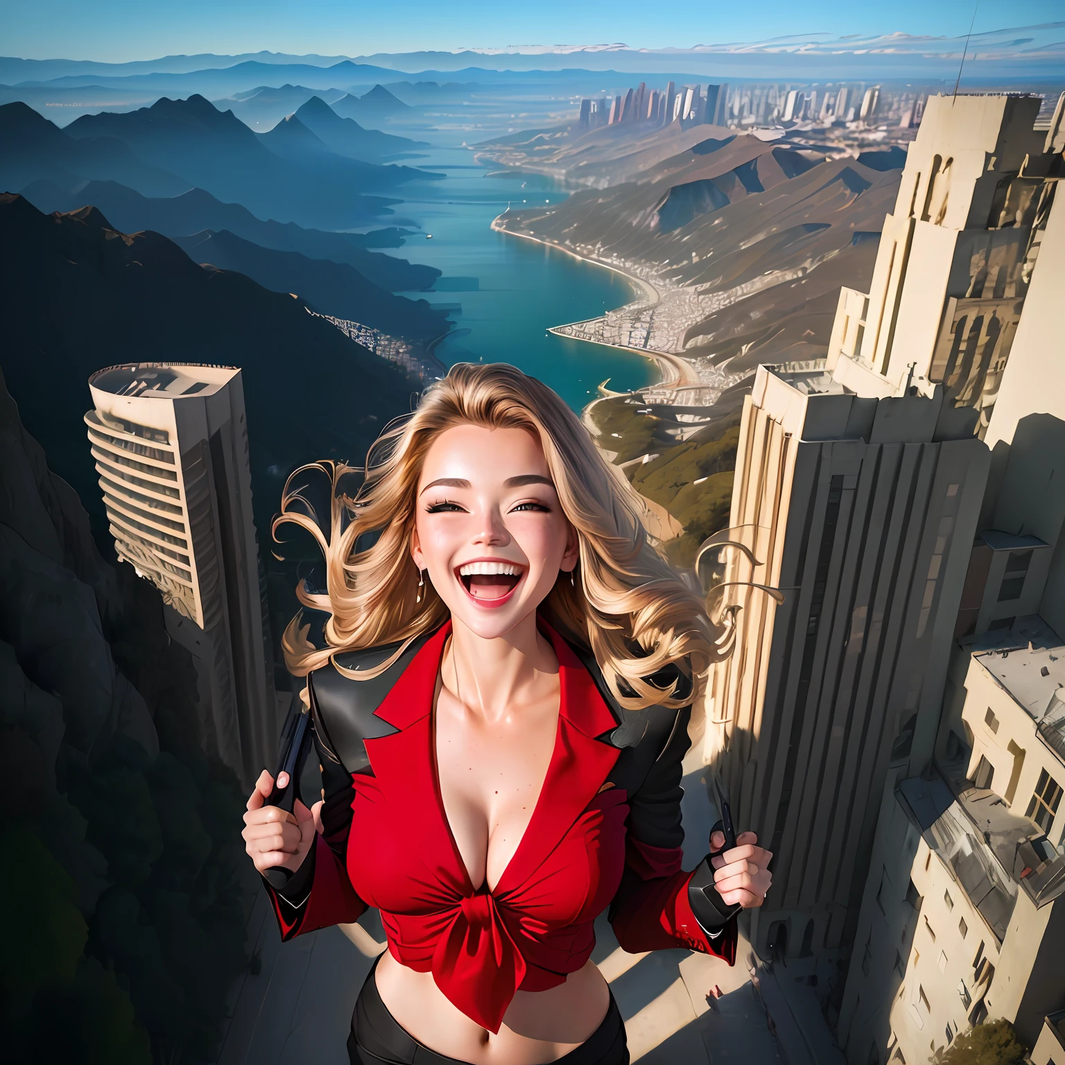 woman in suit, red tie and black laughing, midriff exposed, dramatic lighting, highest quality, evil, Cinematic lighting, hands raised, standing over city, (((top view))), toned body, perfect face, looking at viewer, detailed background, (detailed skin), [freckles], natural lighting, (direct light:0.4), 8mm film grain, photographed on a Sony a9 II, 24mm lens, F/2.8 aperture, deep focus, (RAW), 8k