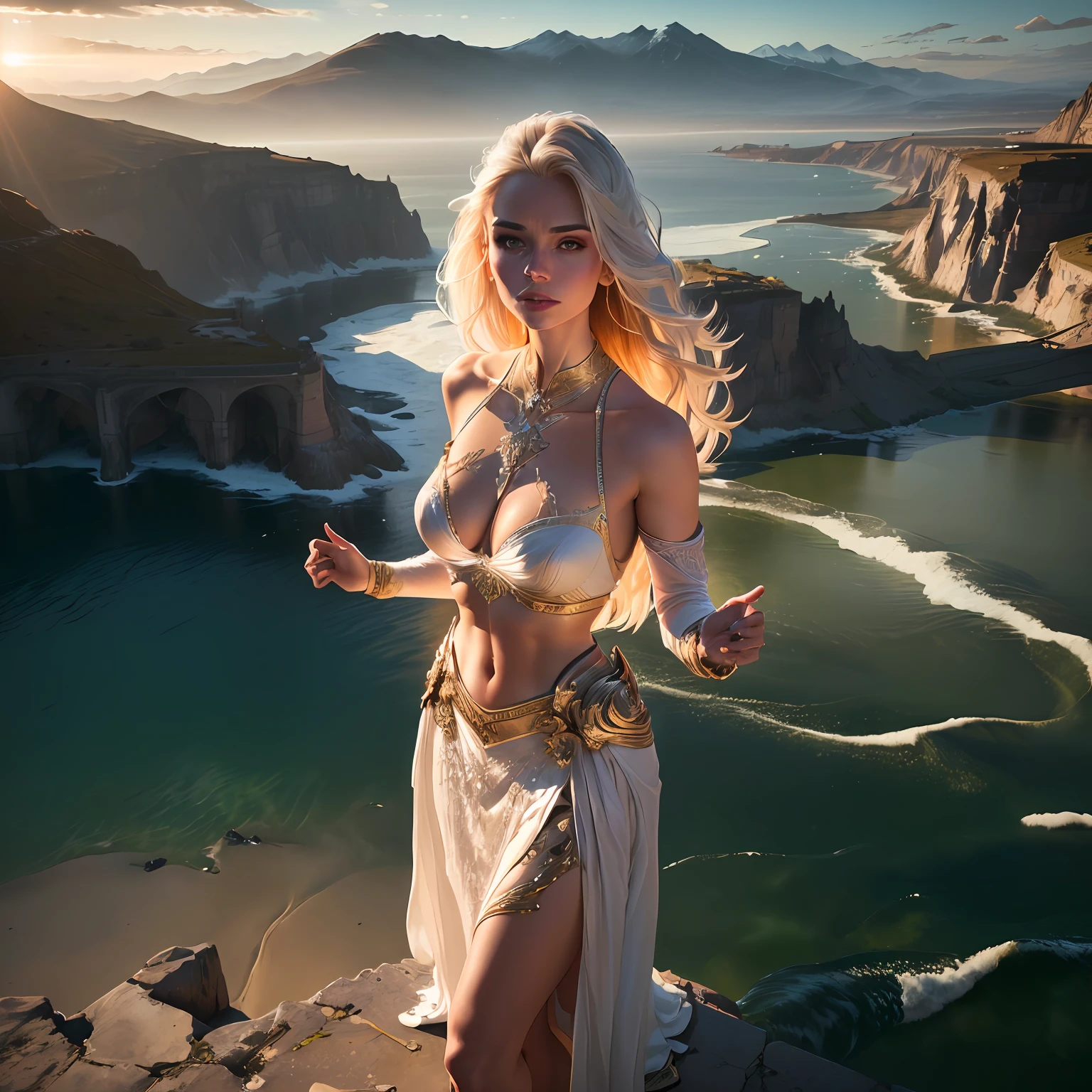 woman in dress, midriff exposed, dramatic lighting, highest quality, evil, Cinematic lighting, hands raised, standing over city, (((top view))), toned body, perfect face, looking at viewer, detailed background, (detailed skin), [freckles], natural lighting, (direct light:0.4), 8mm film grain, photographed on a Sony a9 II, 24mm lens, F/2.8 aperture, deep focus, (RAW), 8k