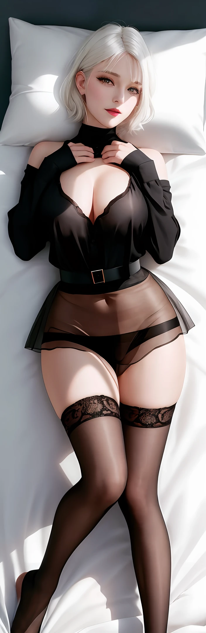 Girl lying on the bed, short white hair, visible, superb, ultra high definition, RAW photo, realism: 1.25), (bright lip gloss, long eyelashes, smooth face, bright skin, natural shadow, wide light, wide light, depth of field , strong colors, subtle caustics: 0.8), smiling, (big tits), white underwear, black stockings, sheer black hip skirt, secretary, pillow between legs, no shoes
