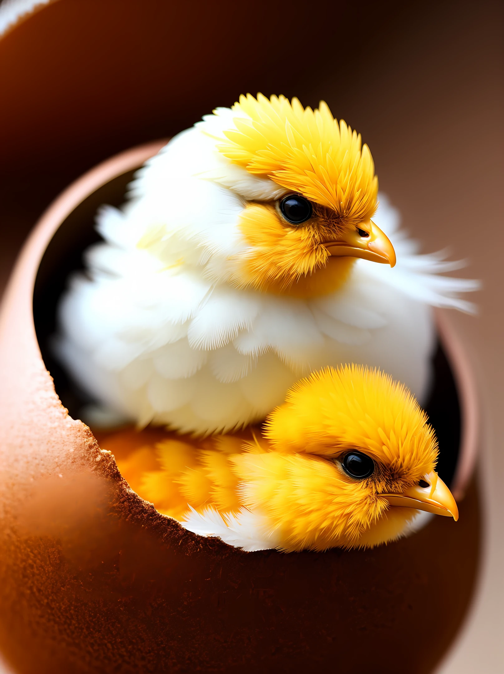 A chick hatching from its ((eggshell)), delicate feathers fluffing, curious eyes searching for the wider world. Exquisite detailing in every soft tuft and downy strand, captured in ultra-detailed CG unity 8k wallpaper. Best illumination and shadow create a soft glow, with vibrant colors bringing the scene to life. A floating, dynamic angle summons the viewer to share in the chick's wonderment of the world