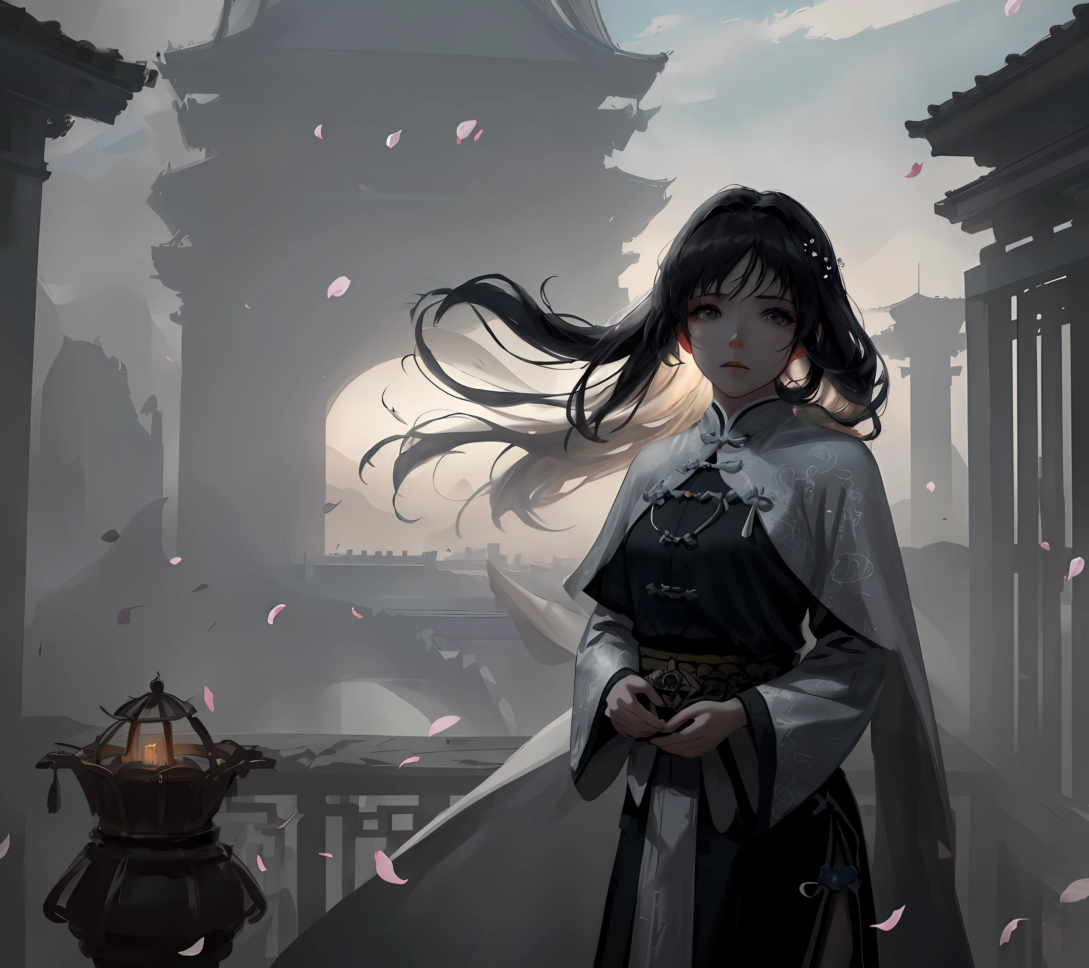 [hyper realistic:(unreal engine):realistic:,0.5,0.99:bezier], petite 1girl,(beautiful delicate face),(Sky), clouds (petals: 1.2), ancient chinese princess, (Song Dynasty), cloak, cloak, oiled skin, upper body, looking at viewer, Hairpins, twisted long hair, black hair, beautiful dress, (volumetric lighting), atmospheric perspective, dust particles, light shaft,(e_foxy:0.7), m_wlop, (e_landscape:0.7)