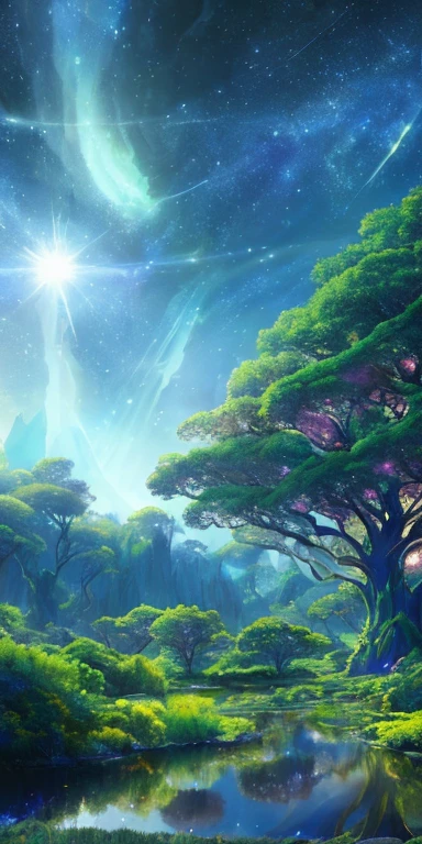 Illustration of a surreal, otherworldly, hyper sky scene including a giant crystal tree full body, highly detailed and magical lighting, intricate forest details, vegetation and surrounding river, solar punk, landscape, giant tree , beautiful green leaves, beautiful lighting and realistic proportions, as if this is a movie background, 8k, highest quality, masterpiece, clouds and stars in the sky.