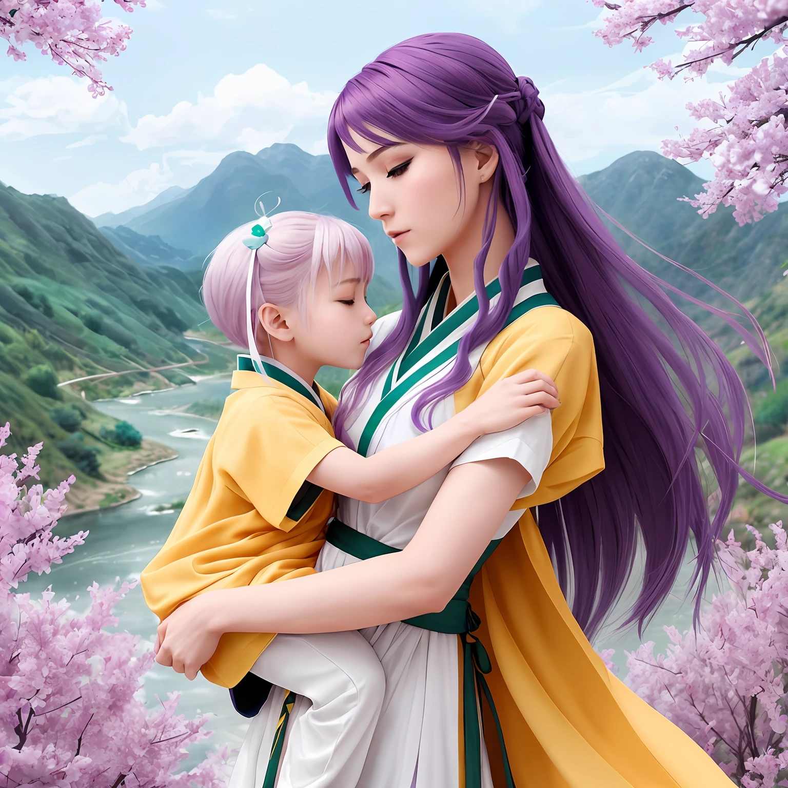 Happy Mother's Day! Celebrate this special day with a masterpiece artwork- an incredibly detailed and ultra-realistic high-resolution CG unity 8k wallpaper featuring a delicate and beautiful mother and child moment, captured at a dynamic angle and in a floating pose. The mother has mesmerizing blue eyes and her multicolored hair (silver hair:x.x+red hair:x.x+purple hair+yellow hair:x.x+green hair:x.x) adds a unique touch to her white wuxia clothes and neck ribbon. In the background, admire the gorgeous scenery of a serene river with too many drops of water, painting a beautiful twilight with watercolor strokes. This artwork is truly a best quality illustration that will leave a lasting impression on anyone who sees it.