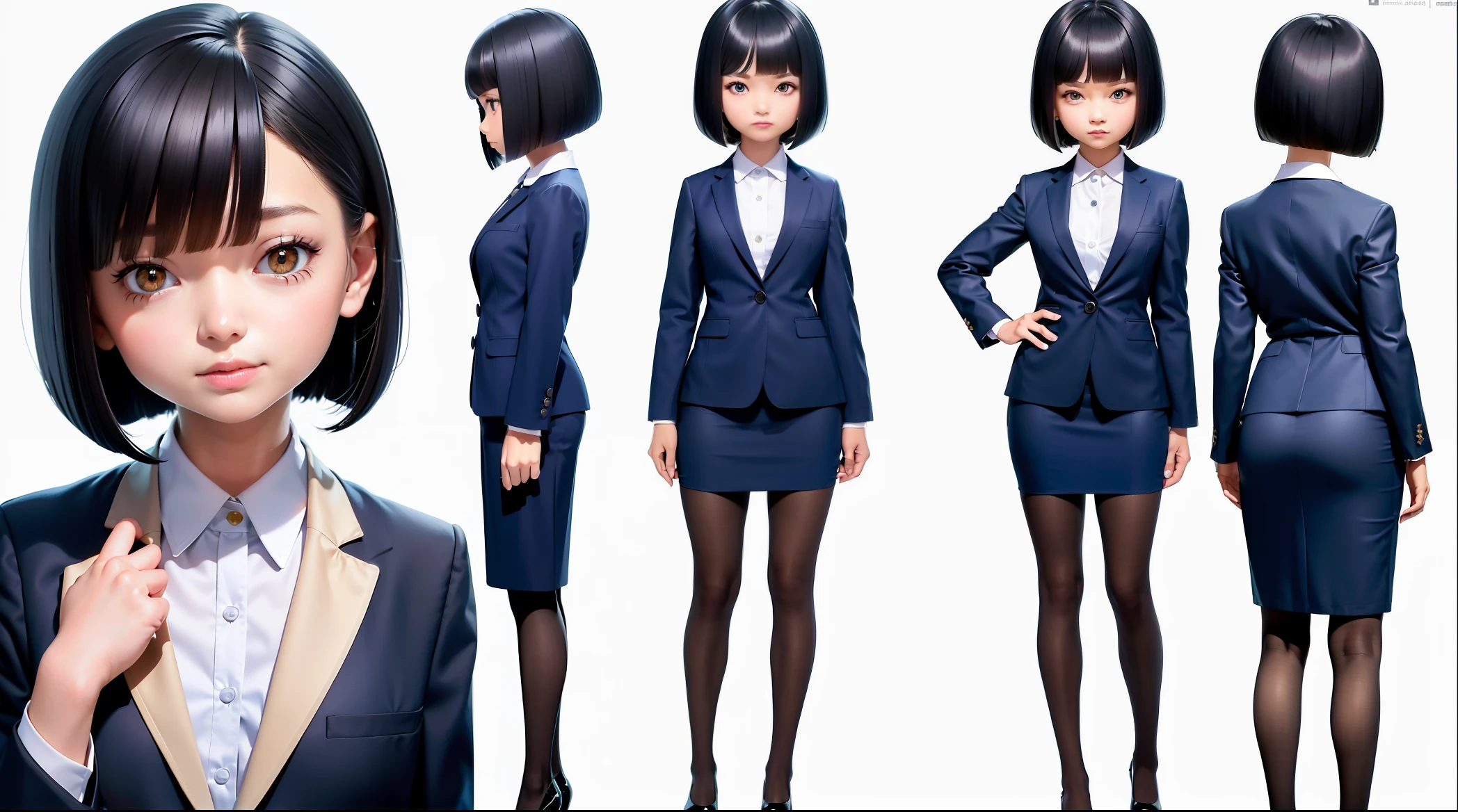 (Same character, front, side, back), simple background! , (full body)  business girl,( shor hair,bob cut),ipad in her hand, navy blue jacket suit ,navy blue skirt suit,beautiful big eyes, chib, fluorescent translucent, colorful, delicate light 3D