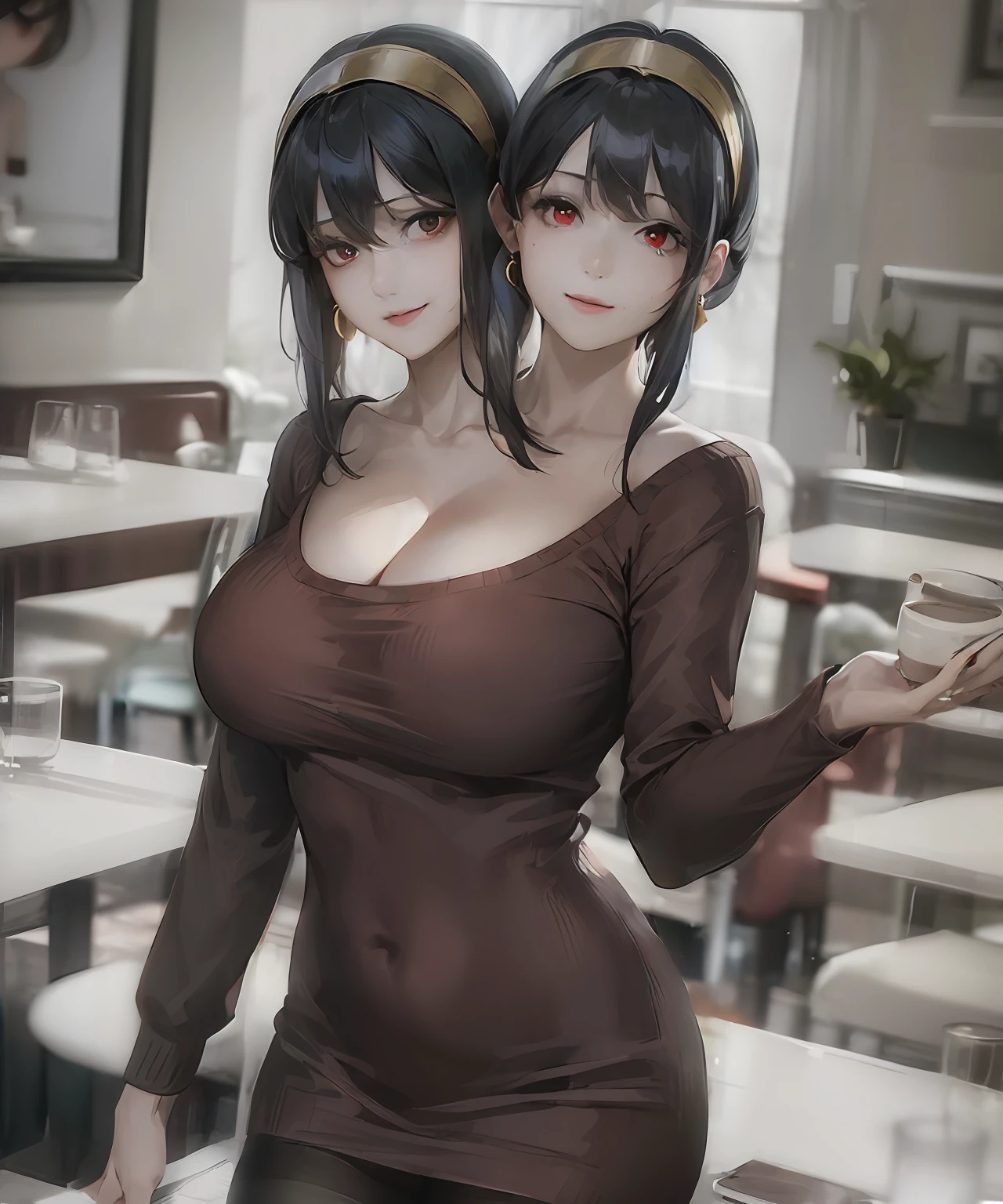 (2heads:1.5), yor briar,
1girl, bangs, black pantyhose, book, bookshelf, breasts, cleavage, coffee, coffee mug, cup, earrings, gold earrings, gold hairband, hairband, jewelry, long hair, long sleeves, looking at viewer, medium breasts, mug, off-shoulder sweater, off shoulder, out of frame, pantyhose, plant, red eyes, red sweater, smile, solo, sweater, white hairband, window
, ((masterpiece))