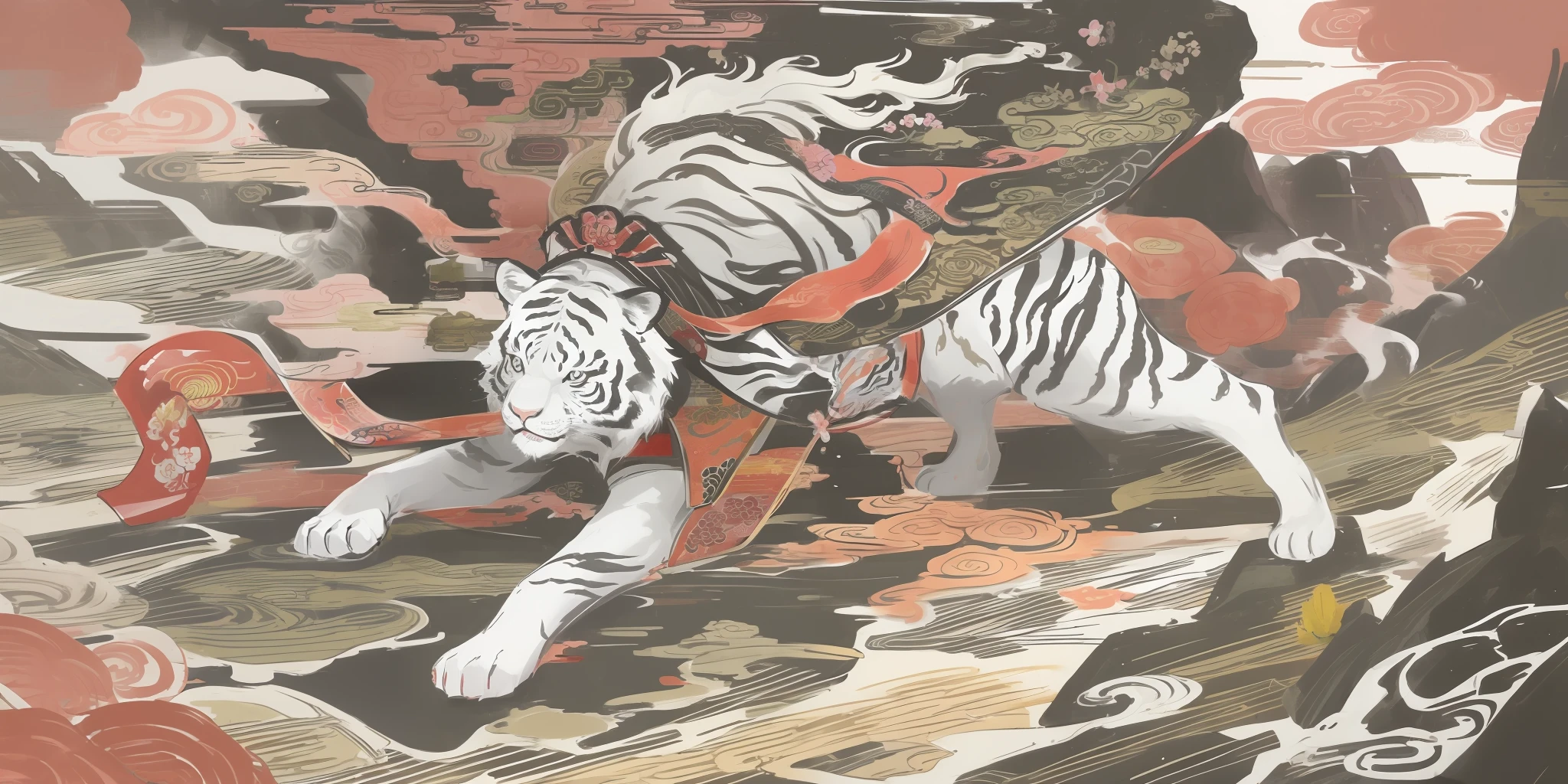 ((masterpiece)),best quality, ((Chinese painting)), ((illustration)),original,extremely detailed wallpaper,(((beijing opera))), (sketch),(wash painting),((color splashing)),((ink splashing)),((((dyeing)))),((colorful))(beautiful and delicate mountain),(solo),(Fantasy creatures),((Chinese white tiger)),(solo;1.8),Black markings,(white tiger),((solo)),beautiful and delicate golden eyes,Huge claws Big and strong,Diabolical,Tyrannica,(mountains)