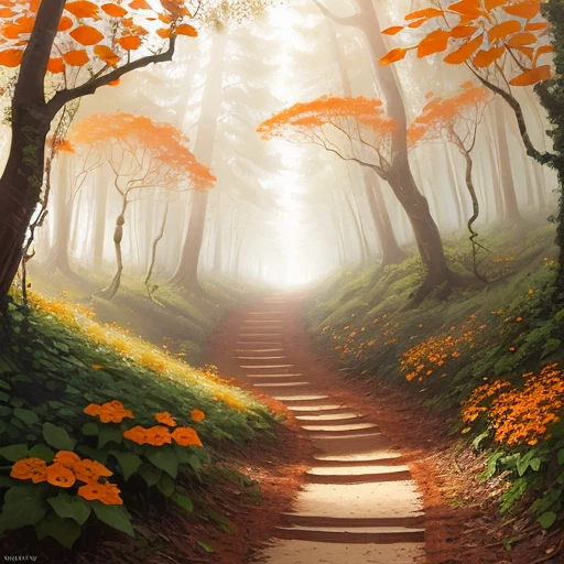 a long creeping vine with orange flowers, forest path, James Gurney