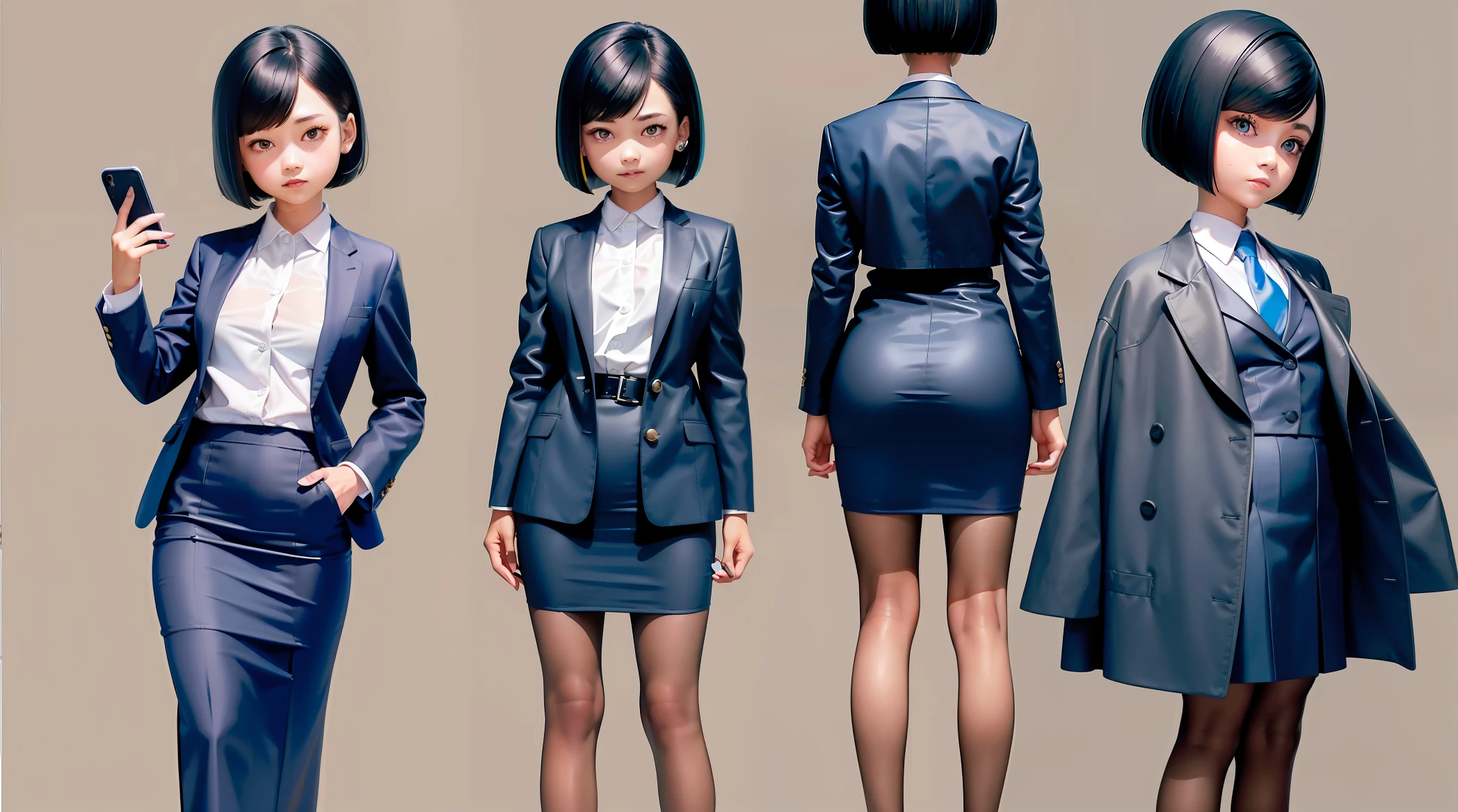 (Same character, front, side, back), simple background! , (full body) little business girl,( shor hair,bob cut),iphone in her hand, navy blue jacket suit ,navy blue skirt suit,beautiful big eyes, chib, fluorescent translucent, colorful, delicate light 3D