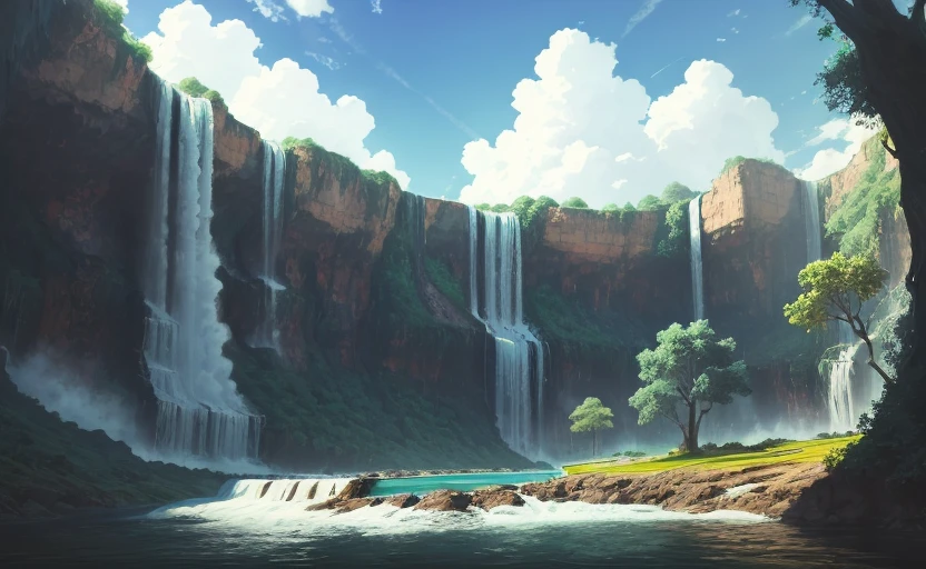 ConceptArt, nobody, landscape, water, sky, day, tree, cloud, waterfall, outdoors, architecture, nature, river, blue sky