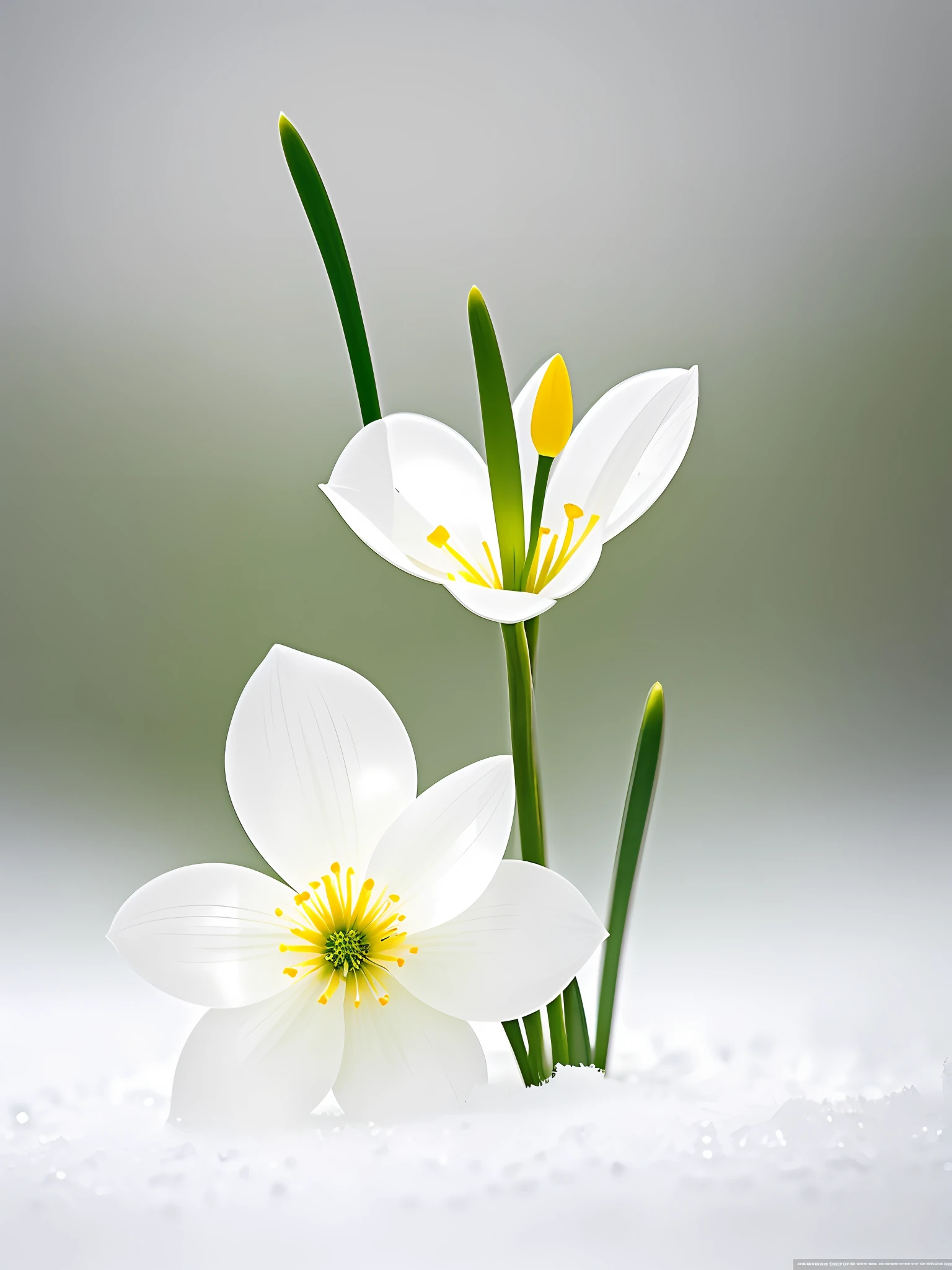 Glitter, gorgeous and amazing natural depth of field photography, several light green and light yellow snowdrop flowers made of spectrum, blooming beautifully in the snow, transparent petals, fairies dancing, clear petals, fog, beautiful scene, art Trending on the site, hyper realism, 16K high resolution, Unreal Engine, soft light - ar9:16 - q2 - s 250 - v 5