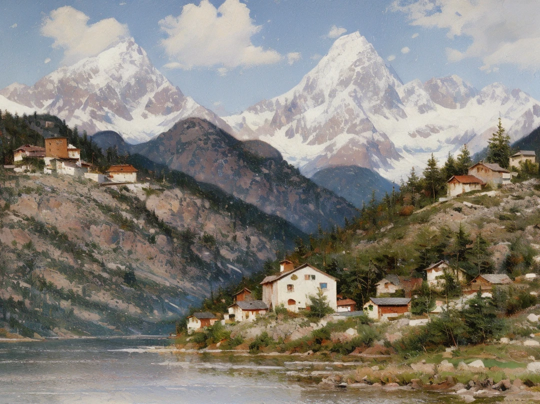 Joseph Kleitsch, oil painting, oil brush, bold, vibrant brushstrokes and unique, elegant style, impressionist painter, mountain landscape with lake and house, blue sky and white clouds, mountains, lake