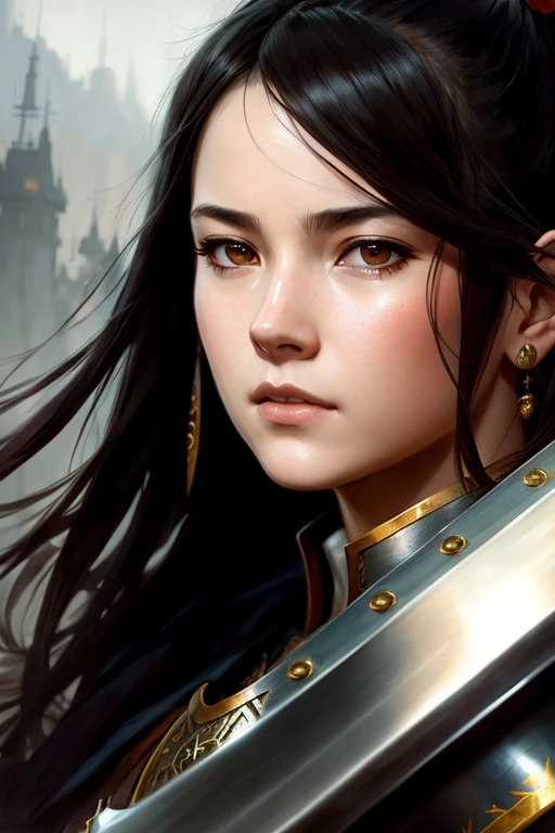 Beautiful human female, wearing light iron armor, red lining, long black ponytail, brown pupils, white cloak, holding an iron shield and a war hammer, with a fierce expression, modelshoot style, (very detailed CG Unity 8k wallpaper), full body photos of the most beautiful artworks in the world, medieval armor, Ed Blinkey, Atey Ghailan, professionally magnificent paintings of Studio Ghibli, Jeremy Mann, Greg Manchess, Antonio Moro, trending on ArtStation, Trending at CGSociety, Intricate, High Detail, Sharp focus, dramatic, photorealistic art of drawing, by midjourney and greg rutkowski