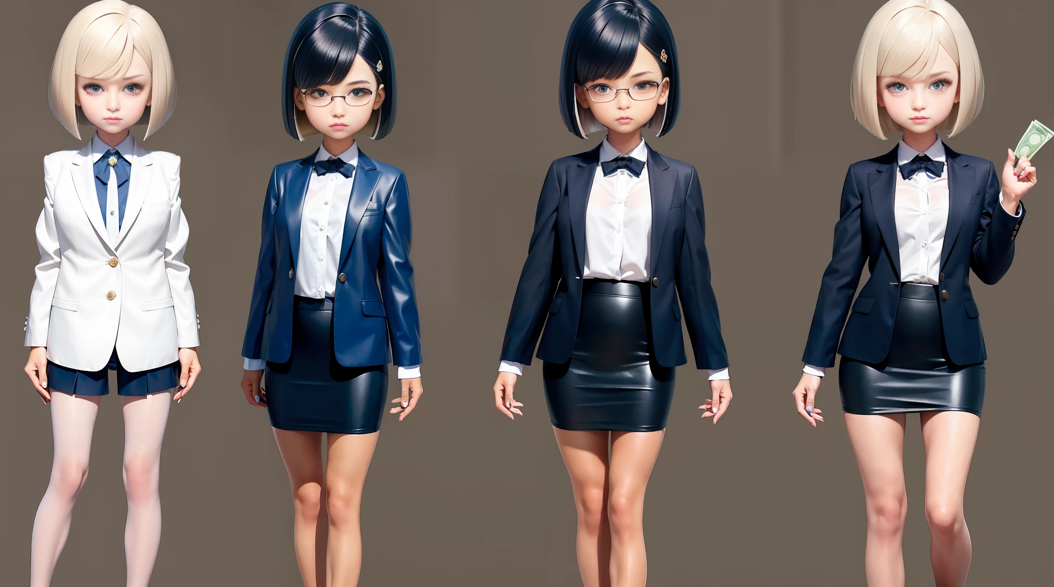 (Same character, front, side, back), simple background! , (full body)  business girl,( shor hair,bob cut),(money in her hand), navy blue jacket suit ,navy blue skirt suit,beautiful big eyes, chib, fluorescent translucent, colorful, delicate light 3D