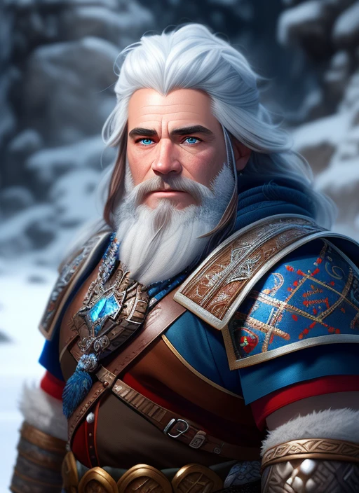 Rendering 8k realistic digital painting of dwarf warrior from RPG ice mountain intricate details fantasy universe intricate magic embroidery highly detailed hair highly detailed eyes vivid face concept art [elden ring|d&amp;d] portrait from RPG, Octane Rendering, Cinematic Lighting (Soft Shadow: 1.2), Depth of Field, Intro, Art by Wlop and Greg Rutkowski