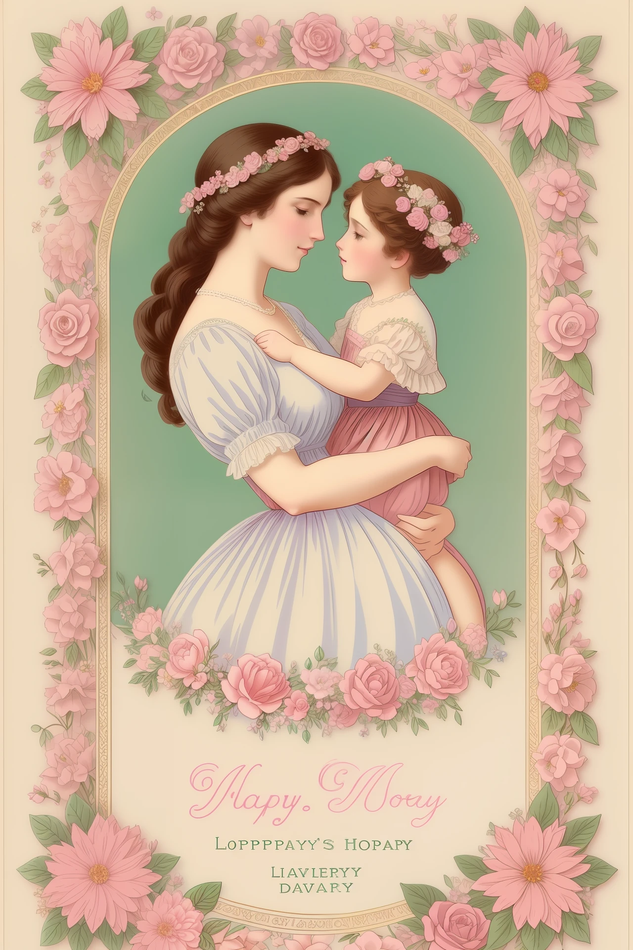 A beautiful 19th century Mother's Day card with intricate details and pastel colors depicting flowers and love, high quality, delicate and vintage aesthetic, with hand-drawn floral elements, ornate borders, and soft shading. Emphasis on warmth, love, and appreciation.