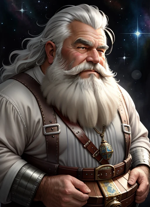 [A masterpiece, the highest quality, ultra-detailed portrait of an old dwarf, absolute brushwork, watercolor technique, very high resolution, dynamic angle, smooth lines, expressive eyes, thick gray beard, timid smile, light pastel colors, depth of space, fantastic elements: dragon, mighty armor, treasure chest]
