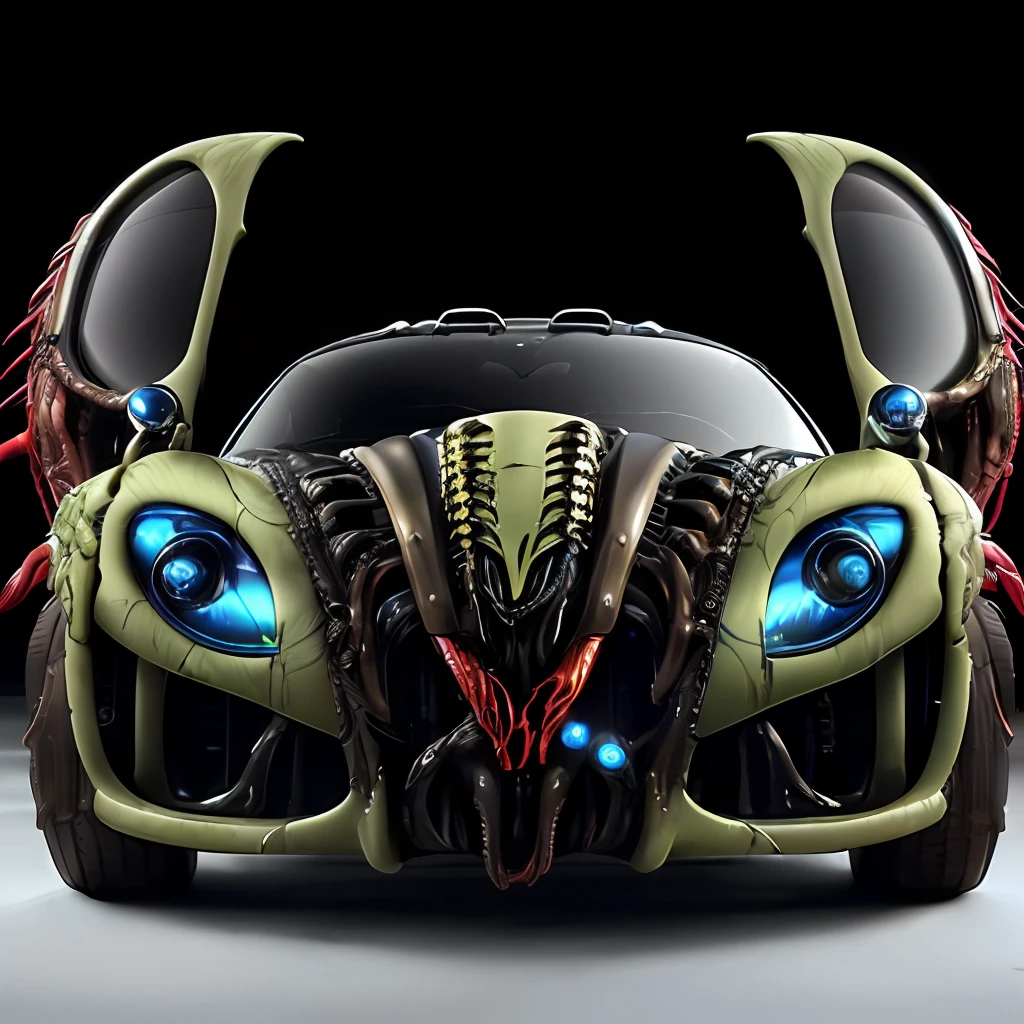 BugattiAI futuristic car, xenomorph body kit, (predator like design:1.8), (lora:BugattiAI:1.2), futuristic, (steampunk:1.5) design elements, car bodykit has predator elements, (alien vs. predator),