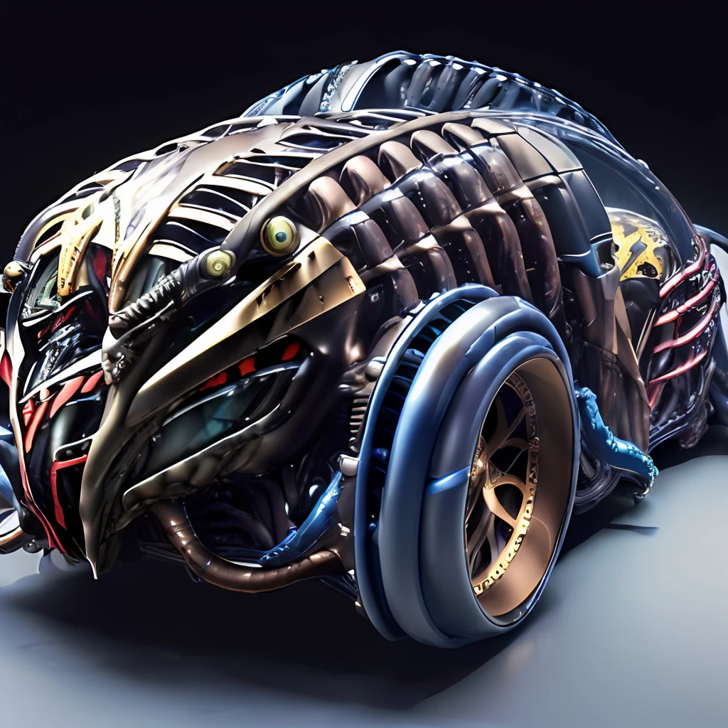 BugattiAI futuristic car, xenomorph body kit, (predator like design:1.8), (lora:BugattiAI:1.2), futuristic, (steampunk:1.5) design elements, car bodykit has predator elements, (alien vs. predator),