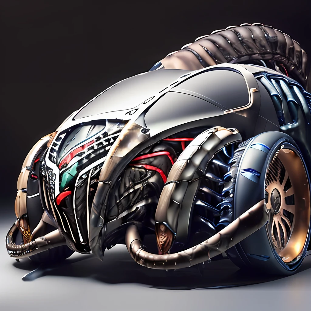 BugattiAI futuristic car, xenomorph body kit, (predator like design:1.8), (lora:BugattiAI:1.2), futuristic, (steampunk:1.5) design elements, car bodykit has predator elements, (alien vs. predator),