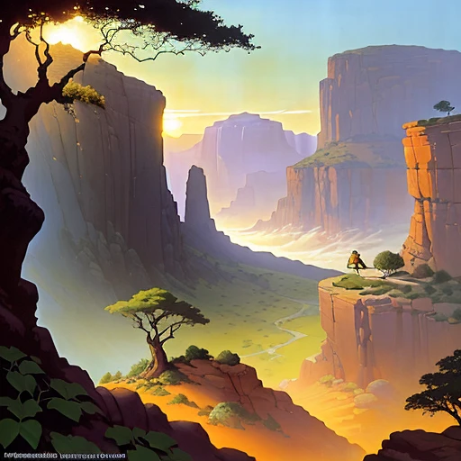 a long creeping vine with gray-green leaves and amber flowers, rocky landscape, mesa, sunrise, angus mcbride, hildebrandt, old retro pulp, vintage fantasy, retro fantasy